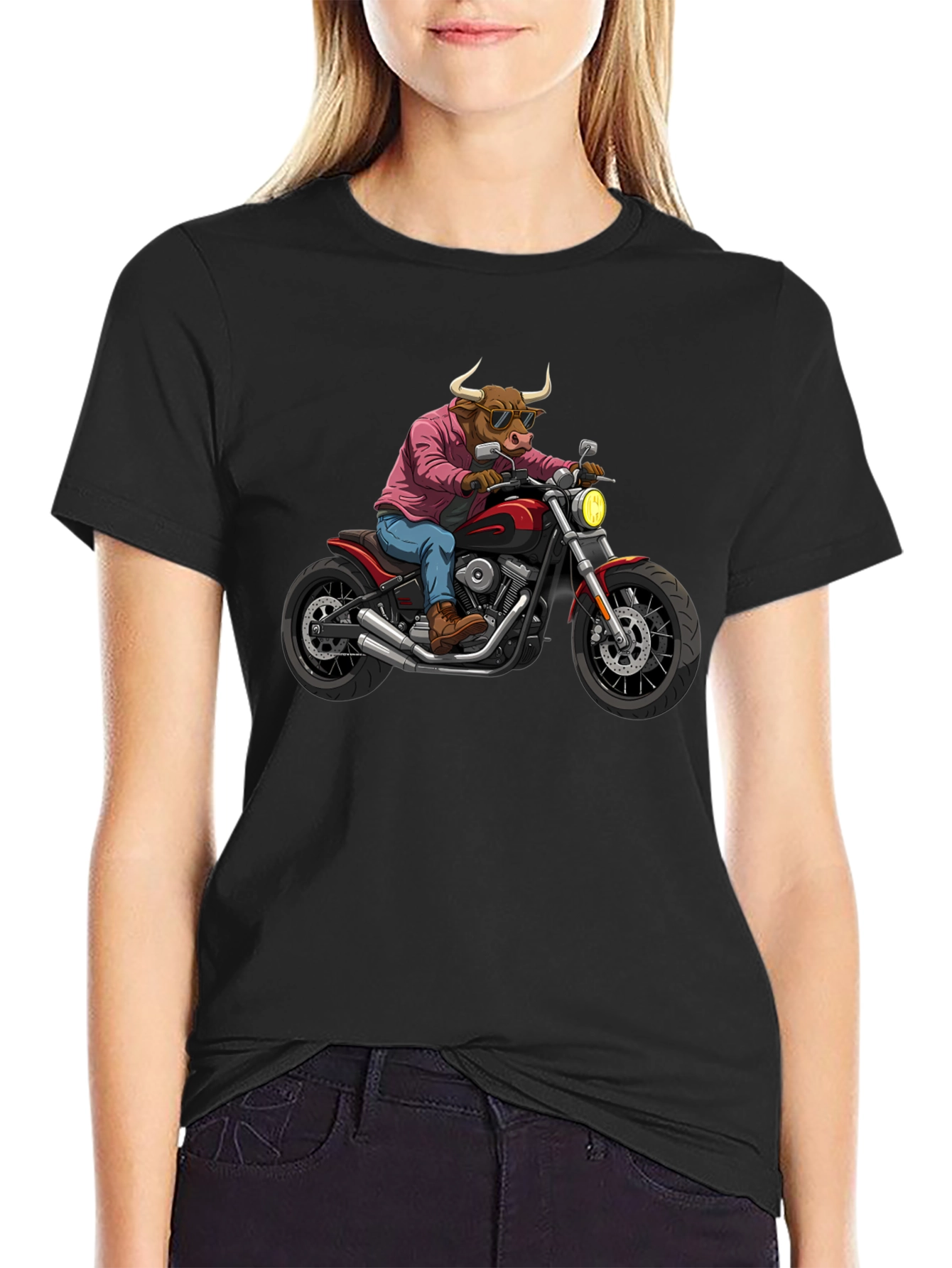 Black Cool Bull on Motorcycle T-Shirt - Black Cotton Graphic Tee view 2
