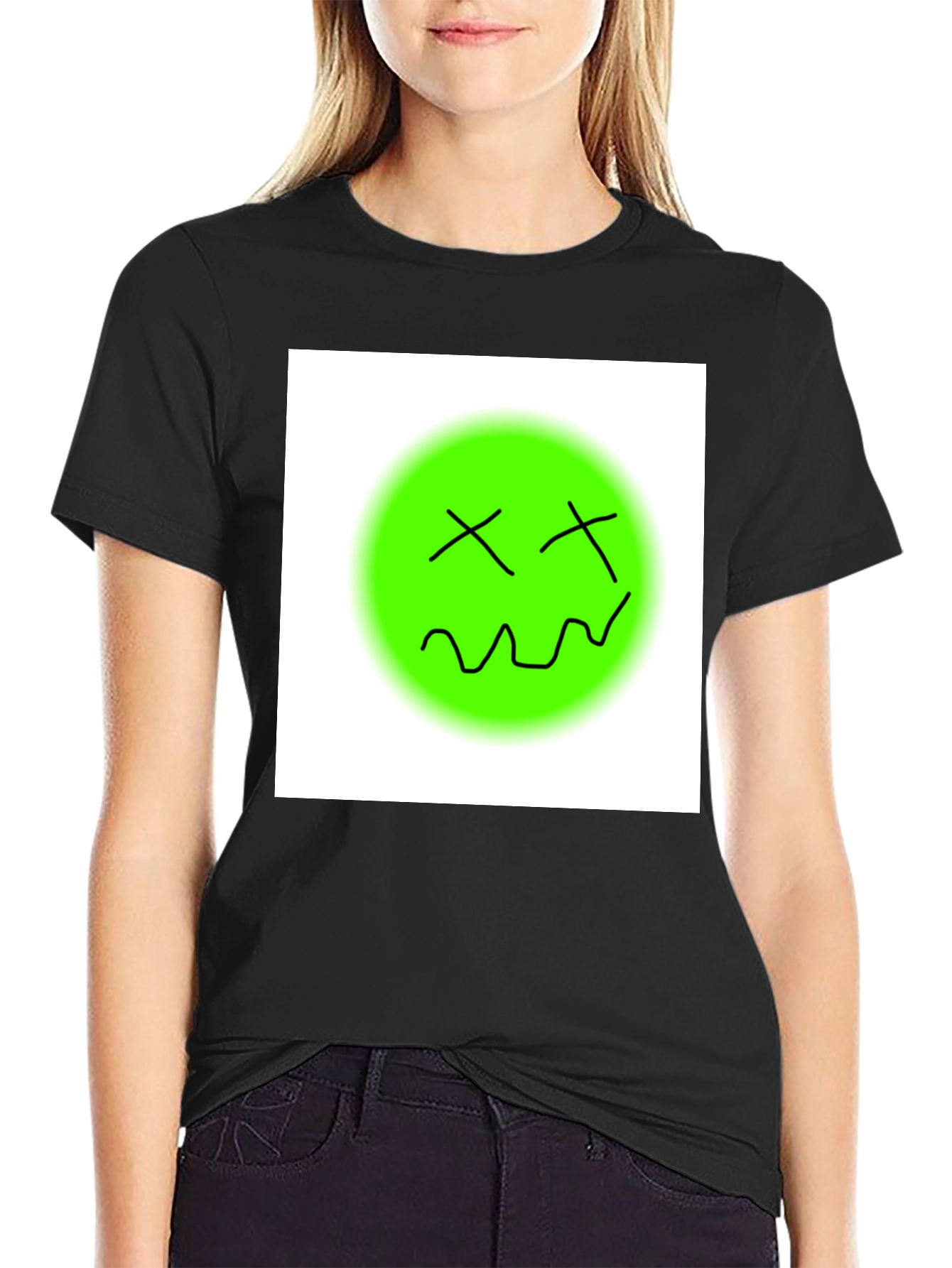 Black Unique Graphic Tee - Green Smiley Face T-Shirt view 2