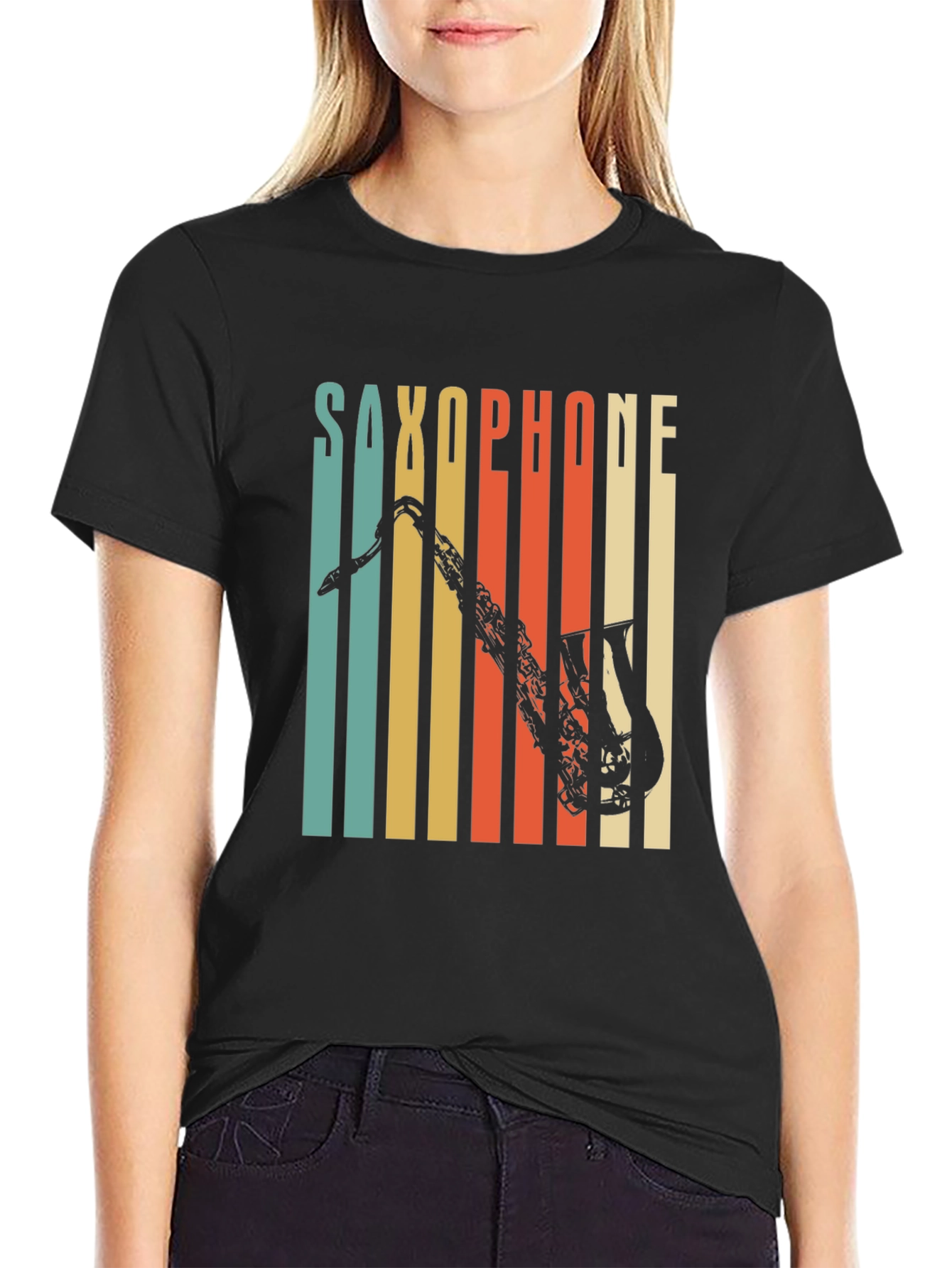 Black Retro Saxophone T-Shirt - Cool Vintage Music Tee view 2