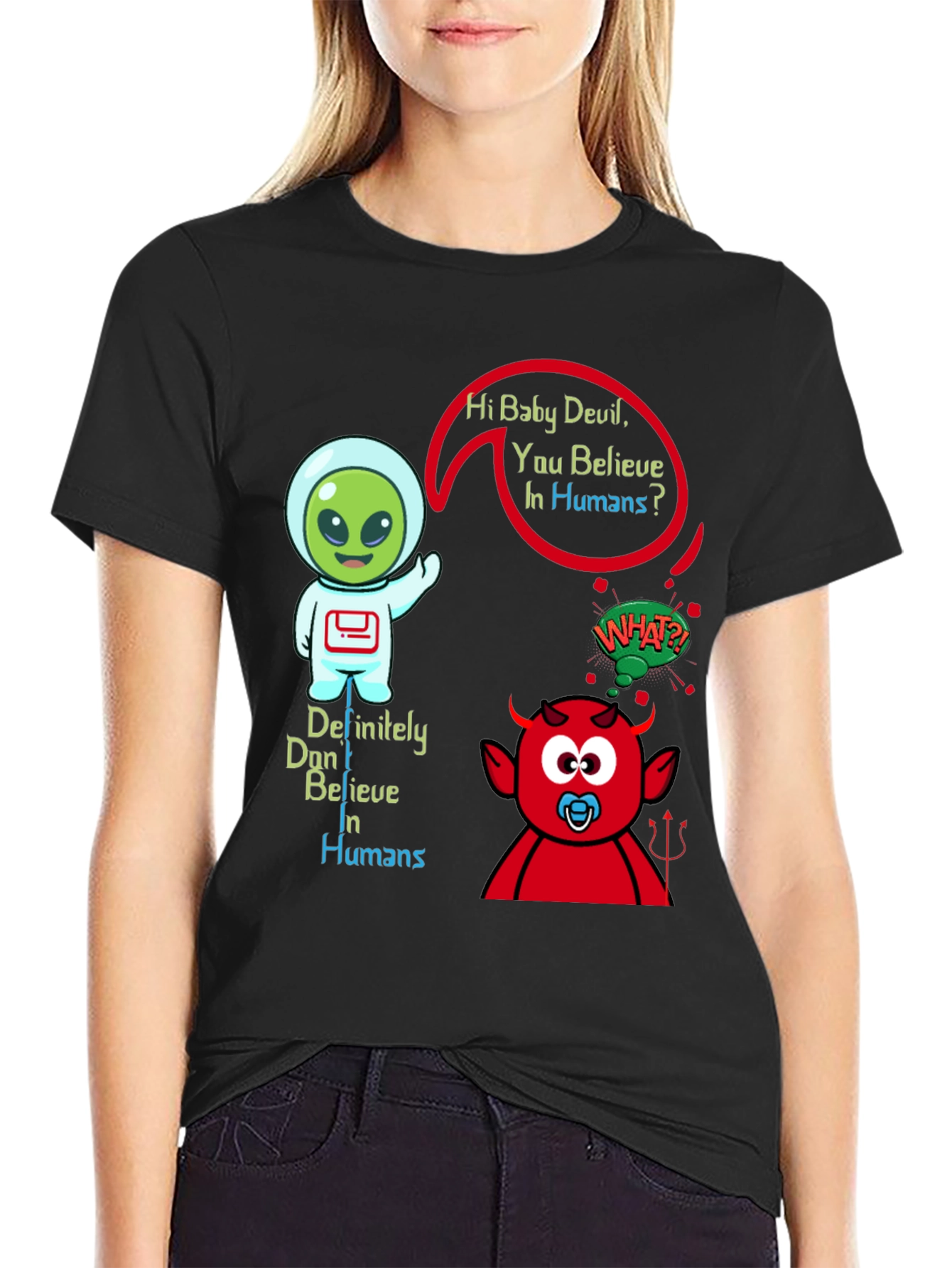 Black Alien & Baby Devil Graphic T-Shirt - Believe in Humans? view 2
