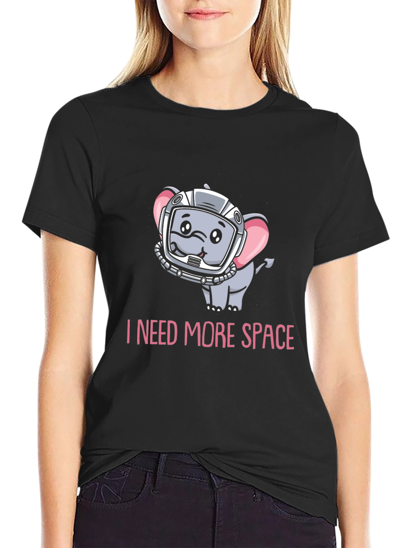Black I Need More Space T-Shirt: Cute Astronaut Elephant Design view 2