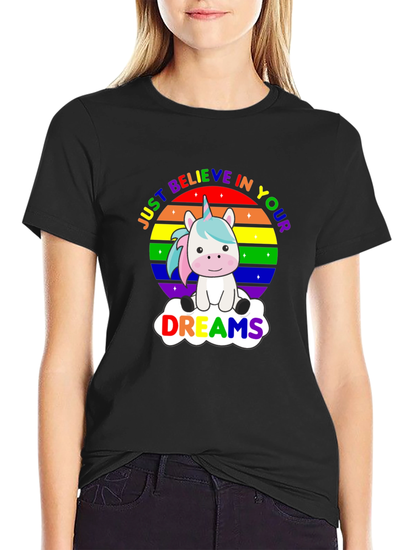 Black Believe in Your Dreams Rainbow Unicorn T-Shirt view 2