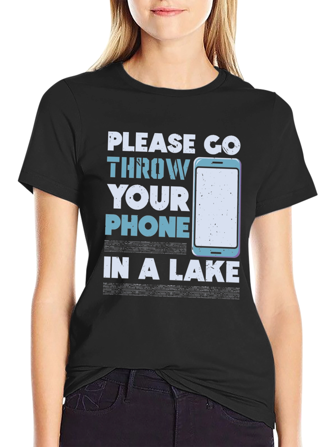 Black Humorous "Throw Your Phone in a Lake" Graphic Tee view 2