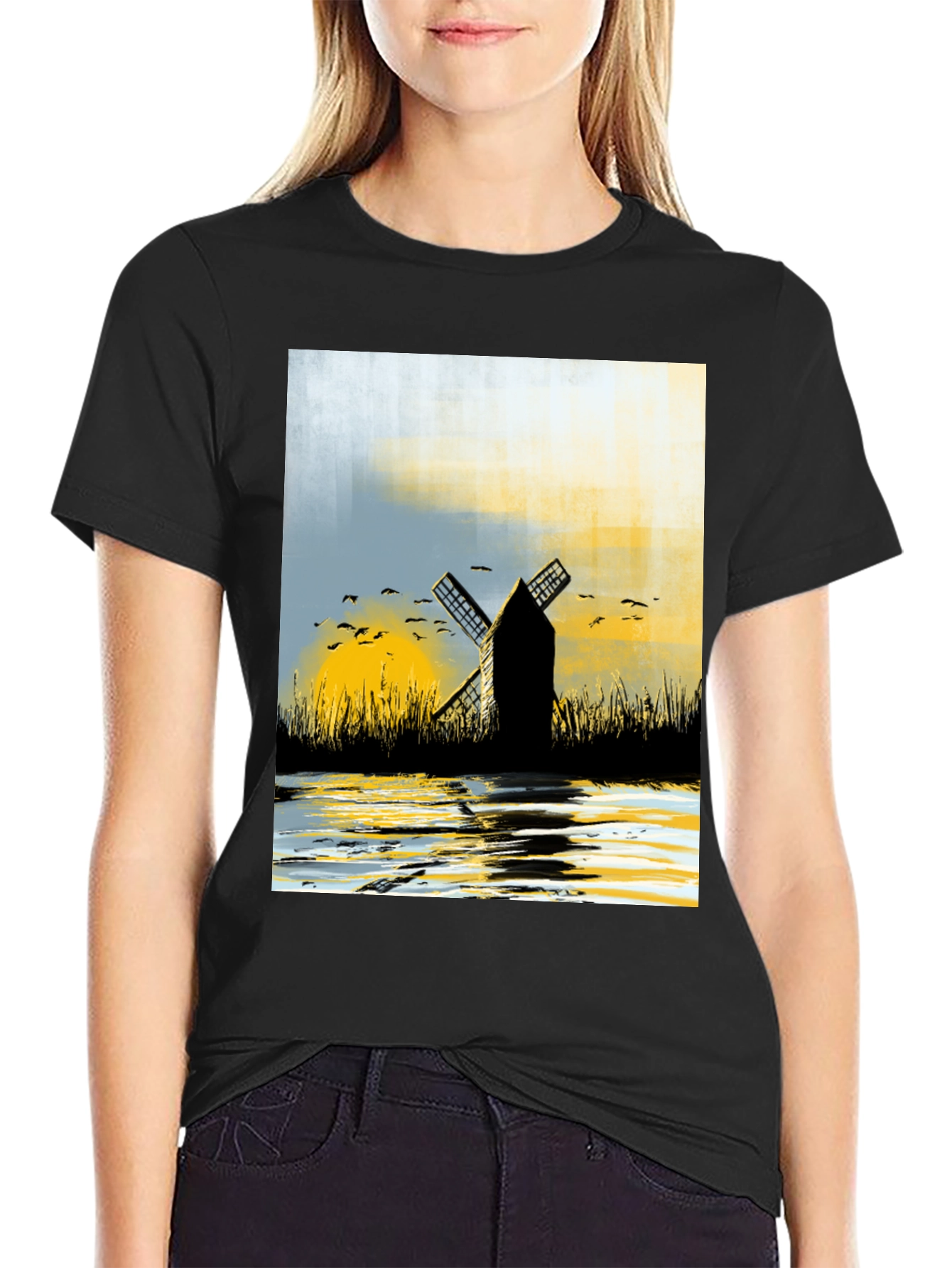 Black Windmill Graphic Tee - Artistic Black T-Shirt view 2