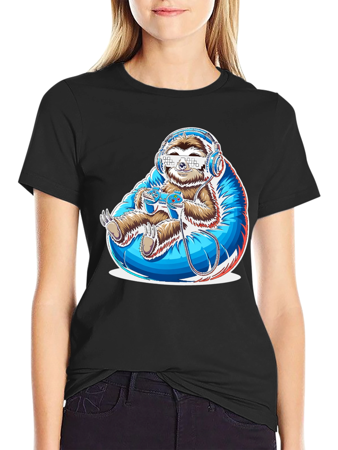 Black Gamer Sloth Graphic Tee - Funny Cool Relaxed Style view 2