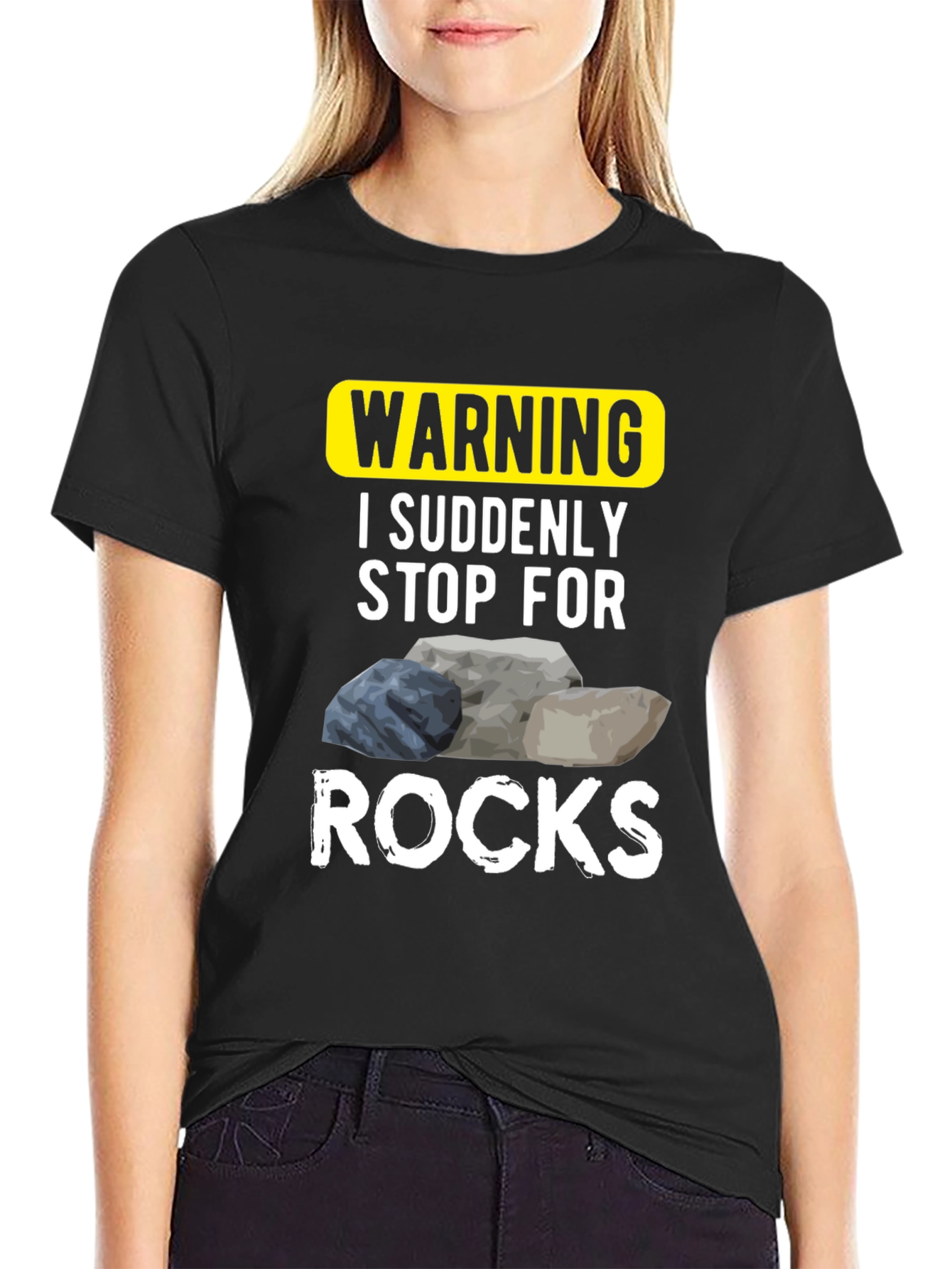 Black Warning: I Suddenly Stop For Rocks - Novelty T-Shirt view 2