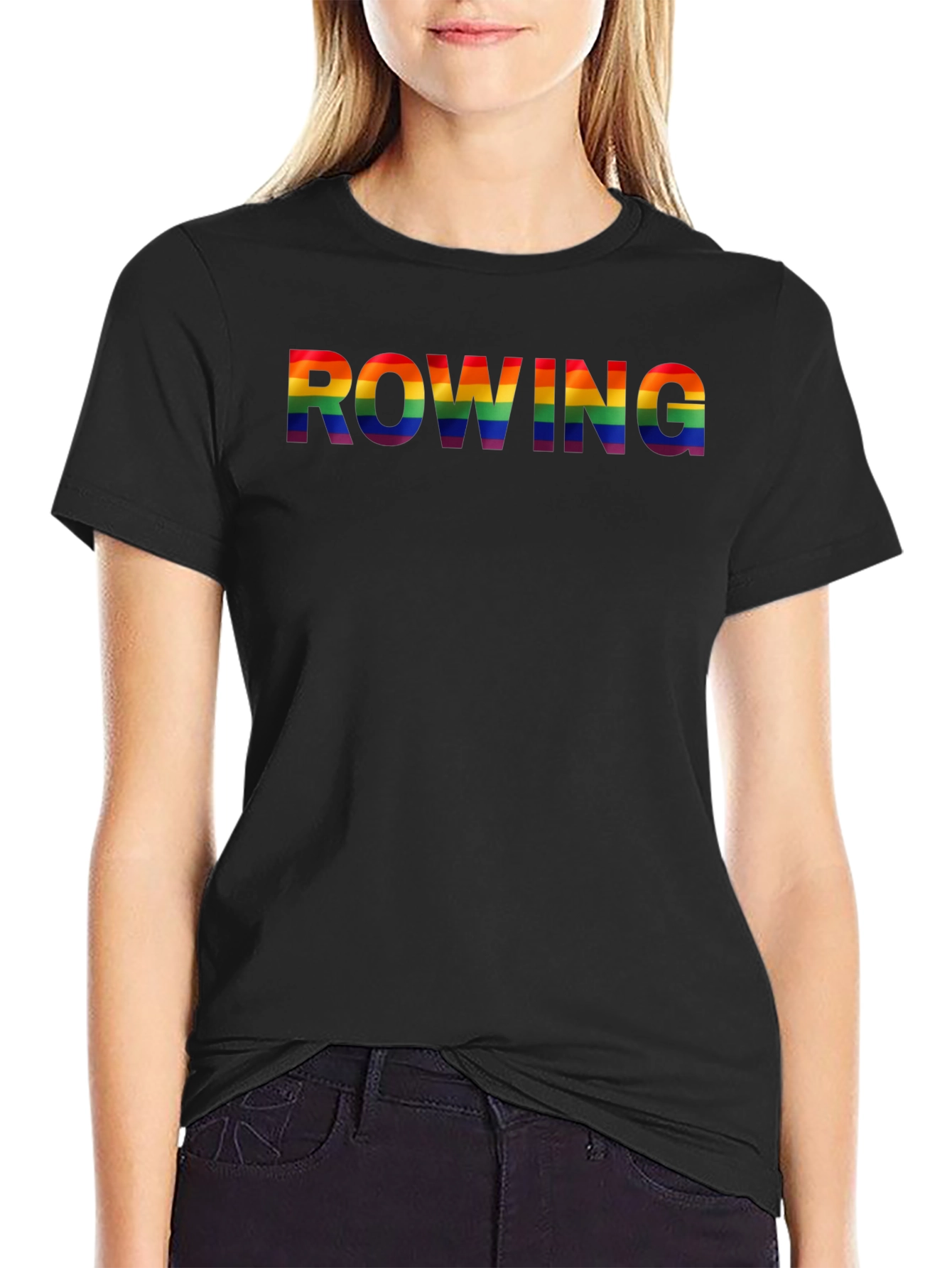 Black Rowing Rainbow Pride Graphic Tee - Black Cotton Shirt view 2
