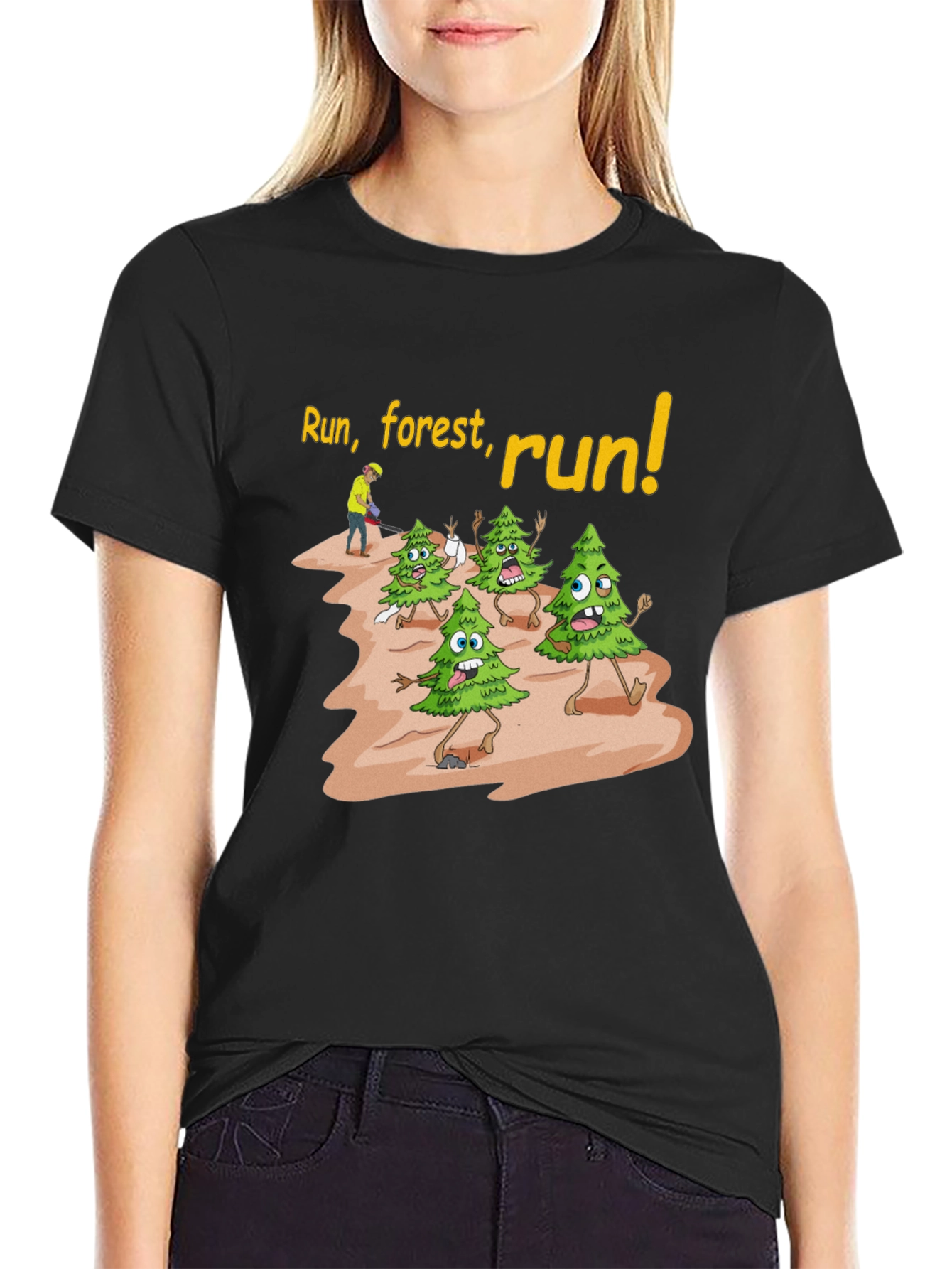 Black Run Forest Run T-Shirt Funny Cartoon Trees view 2