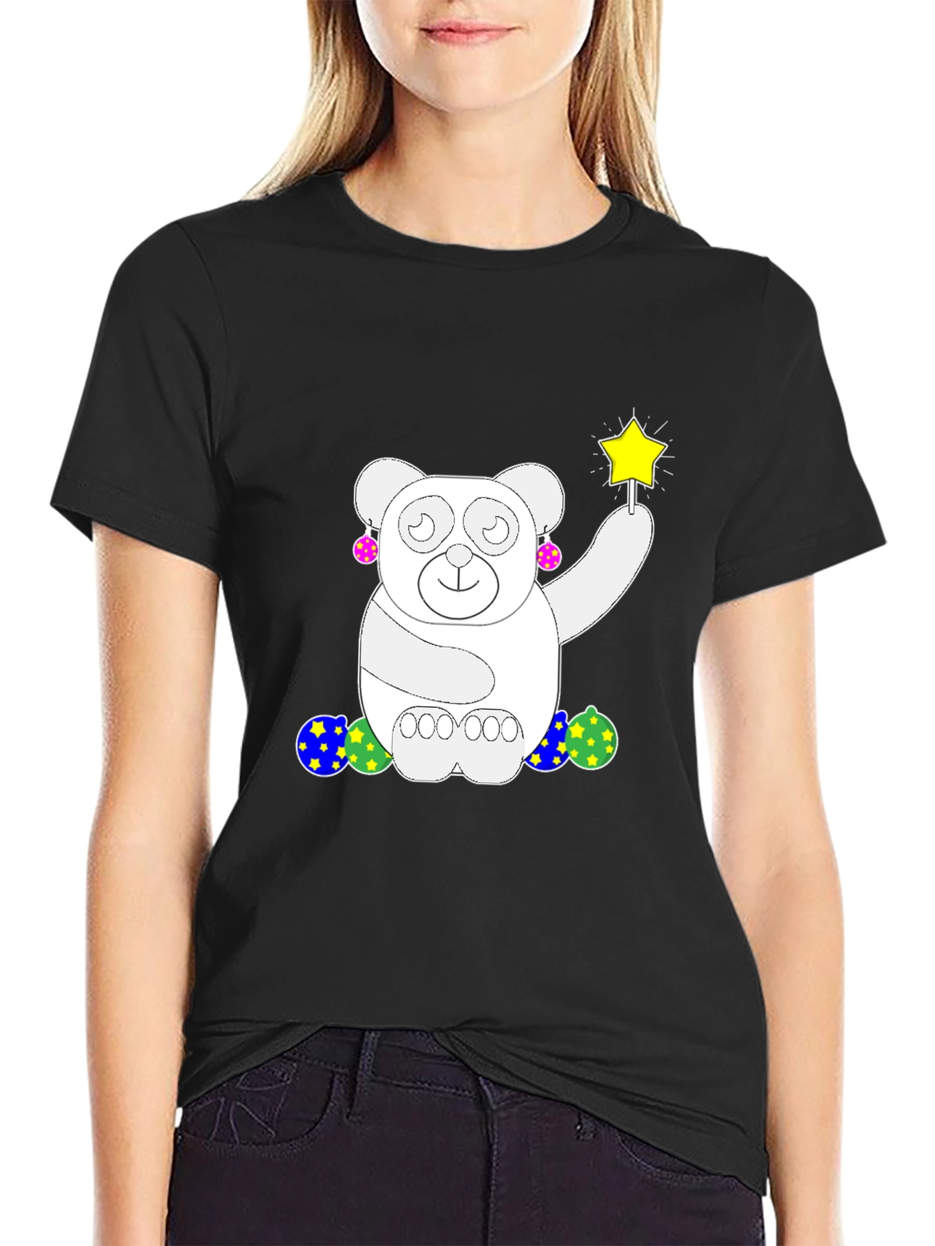 Black Whimsical Bear Graphic Tee - Black Cotton Comfort view 2