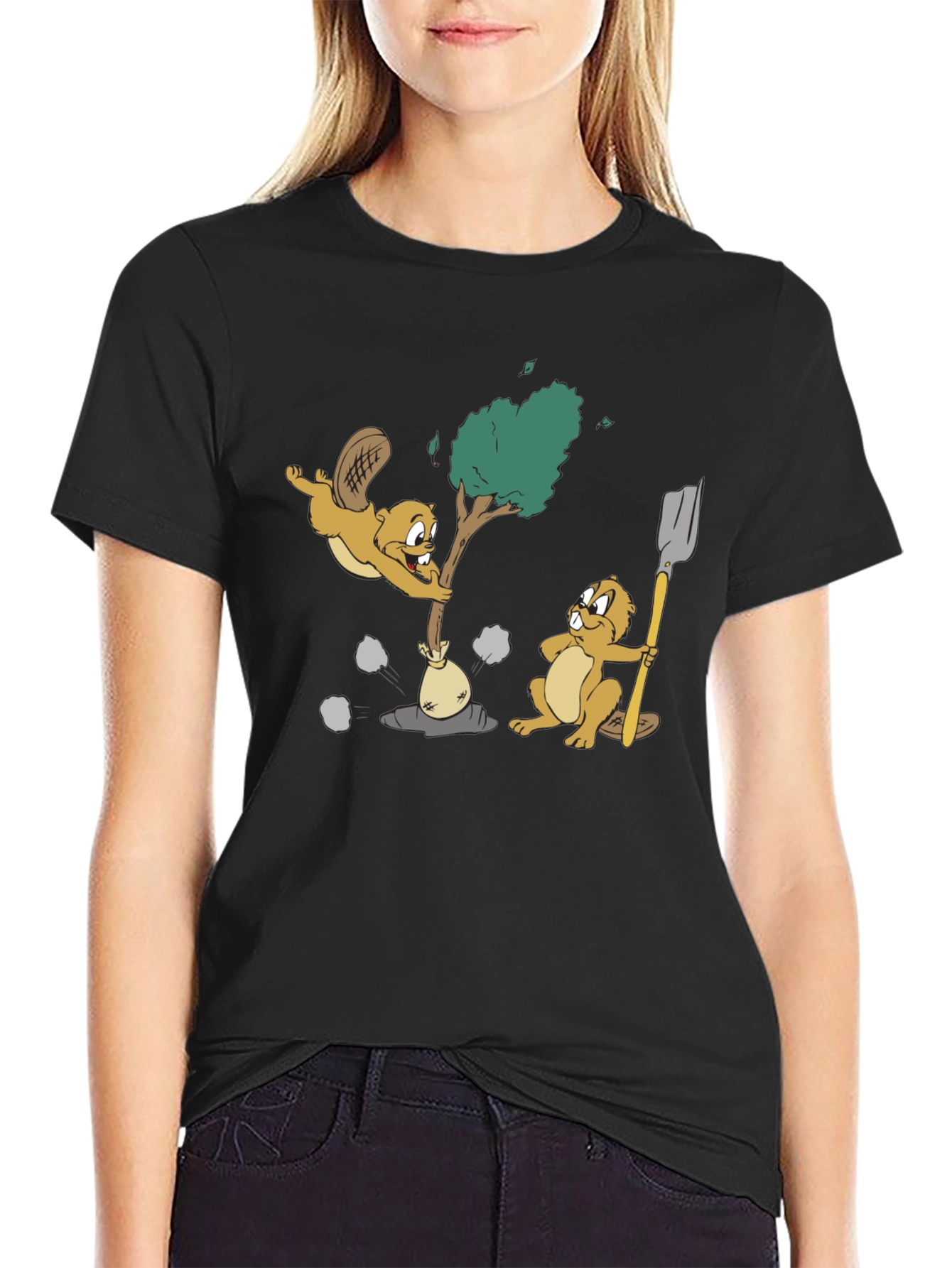 Black Cartoon Beaver T-Shirt view 2