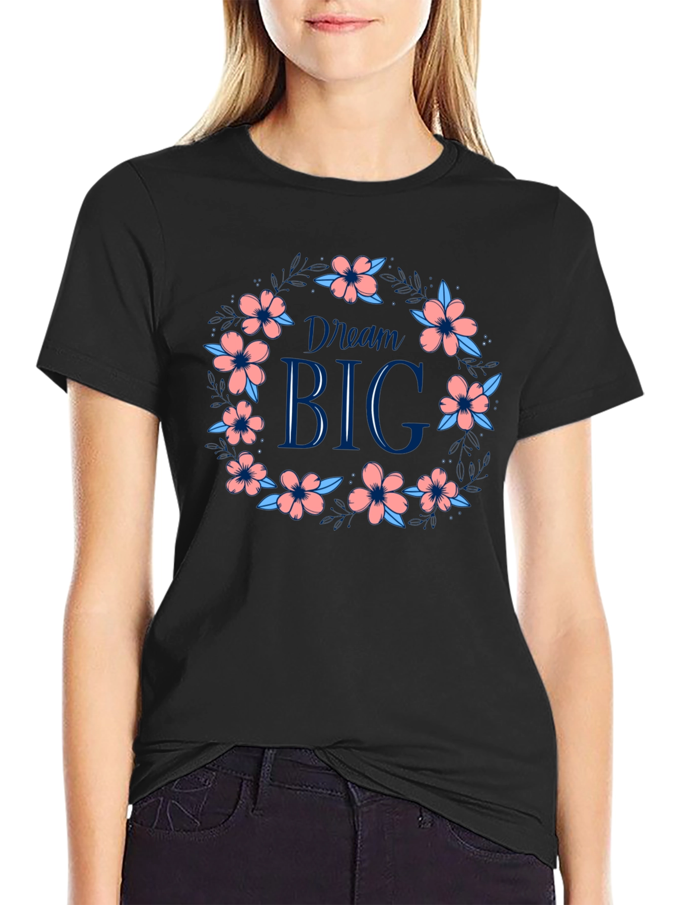 Black Dream Big Floral Wreath Graphic Tee - Black view 2
