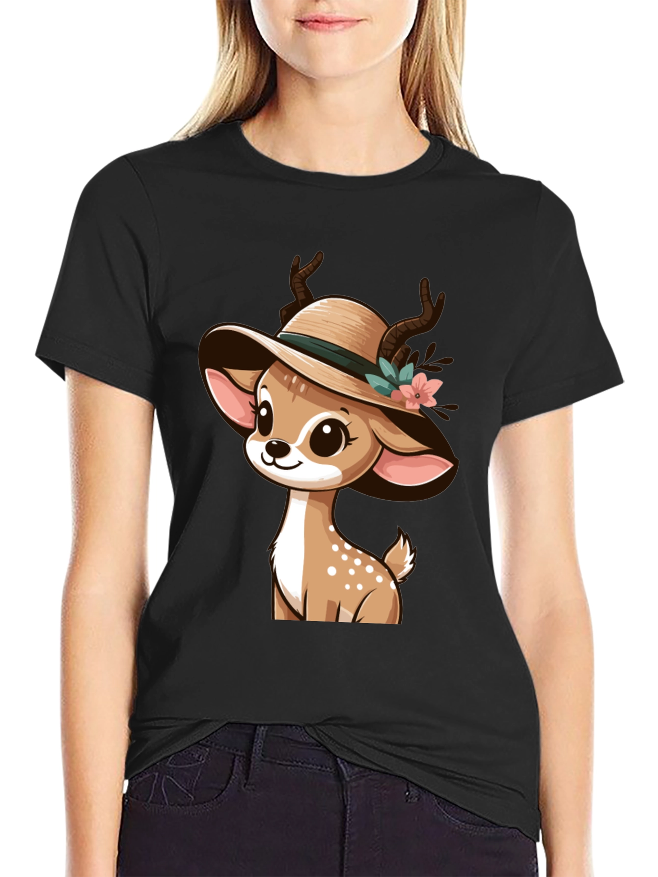 Black Cute Deer in Hat Graphic T-Shirt view 2