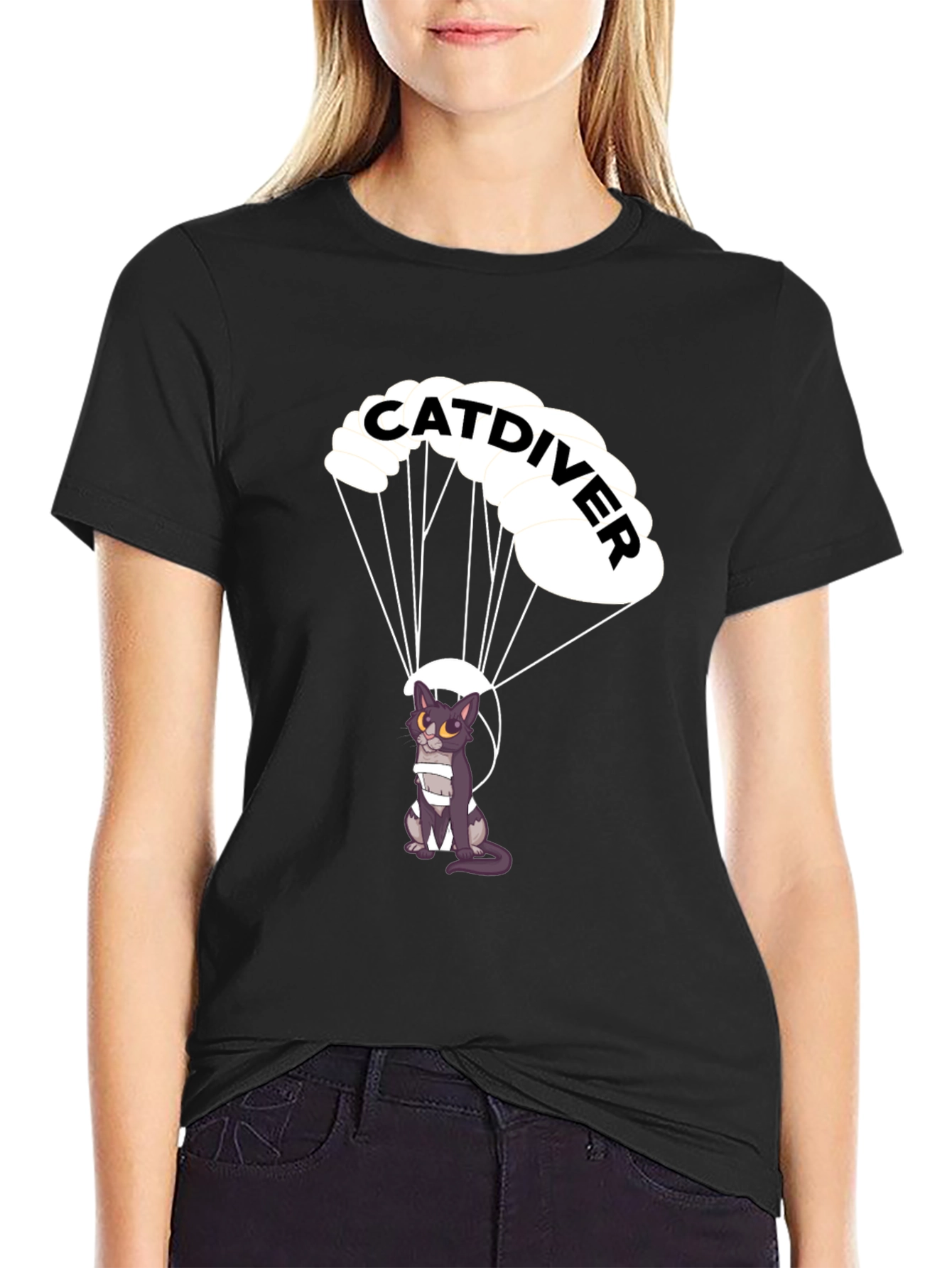 Black Catdiver T-Shirt - Parachuting Cat Graphic Tee view 2