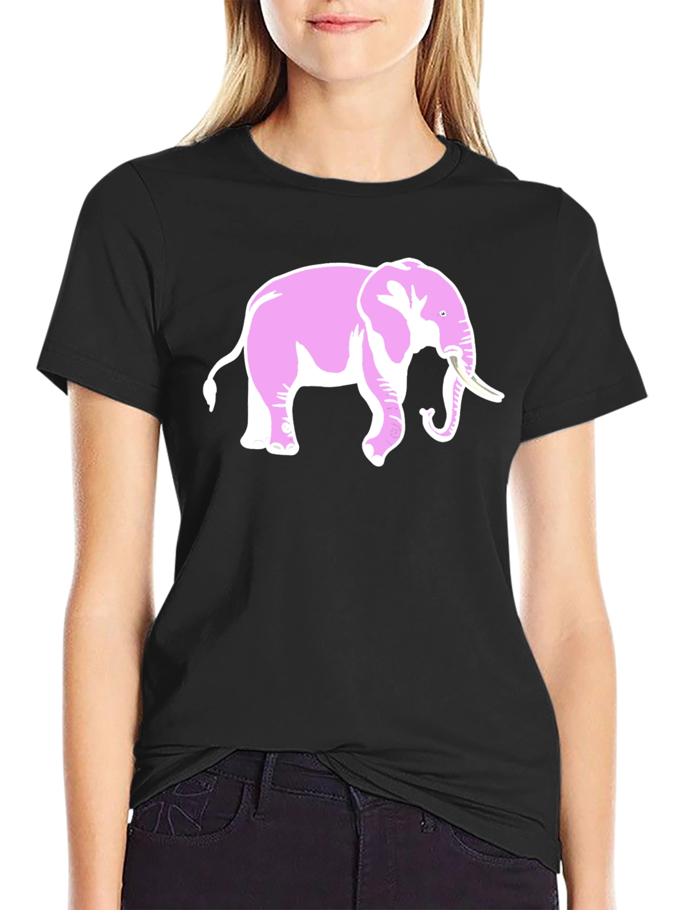 Black Pink Elephant Graphic Black T-Shirt view 2
