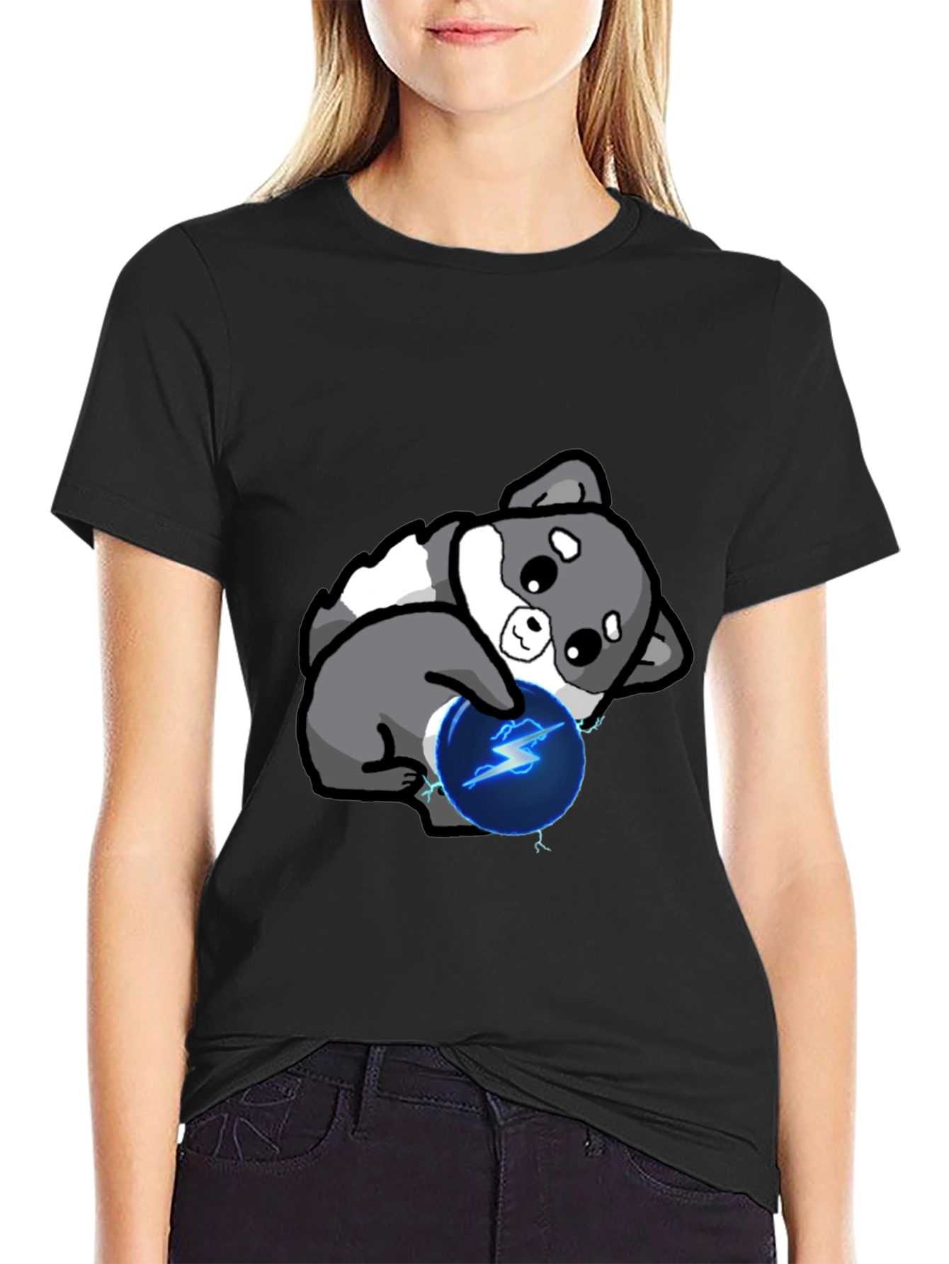 Black Cute Doge with Lightning Ball T-Shirt view 2