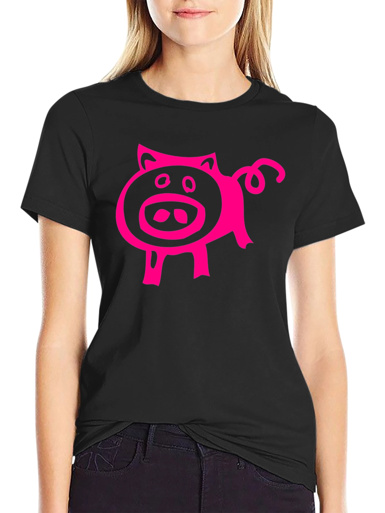 Black Pink Pig Graphic Tee - Black Cotton Blend Casual T-Shirt view 2