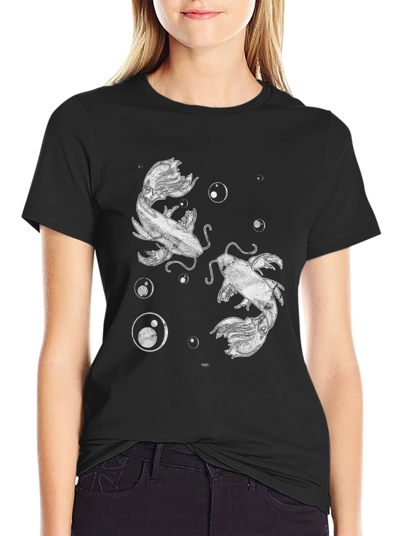Black Koi Fish Graphic Print Black T-Shirt view 2