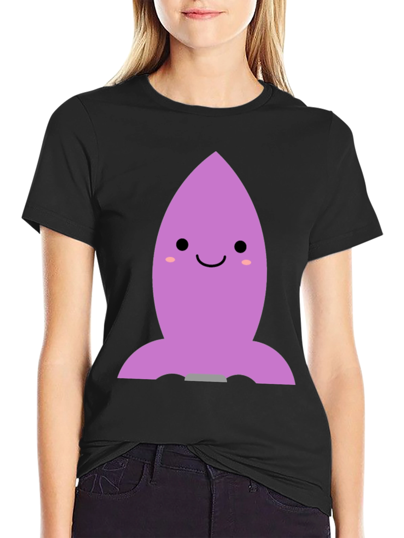 Black Cute Cartoon Rocket T-Shirt - Black Cotton Blend view 2