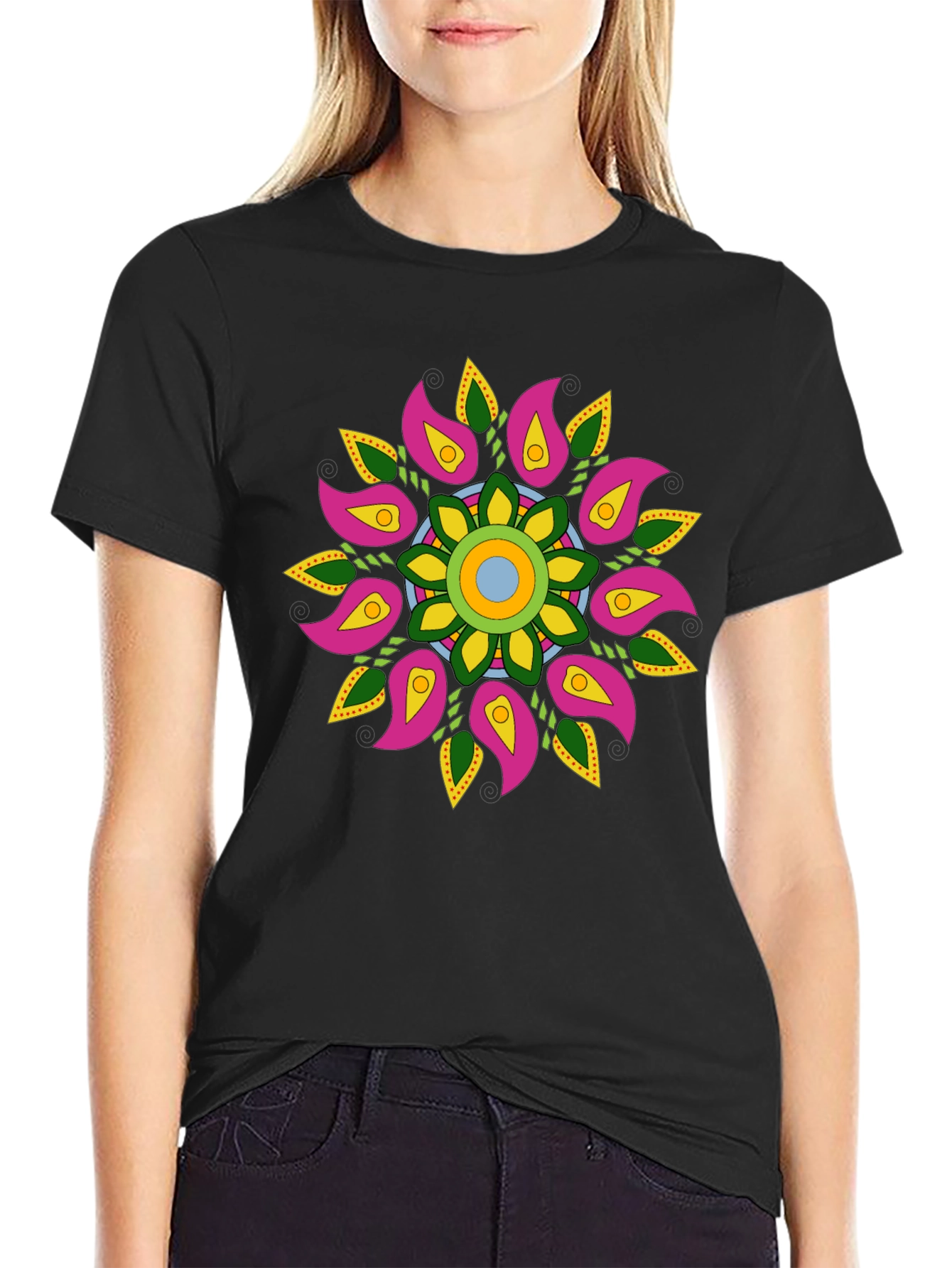 Black Floral Mandala Graphic Black T-Shirt view 2