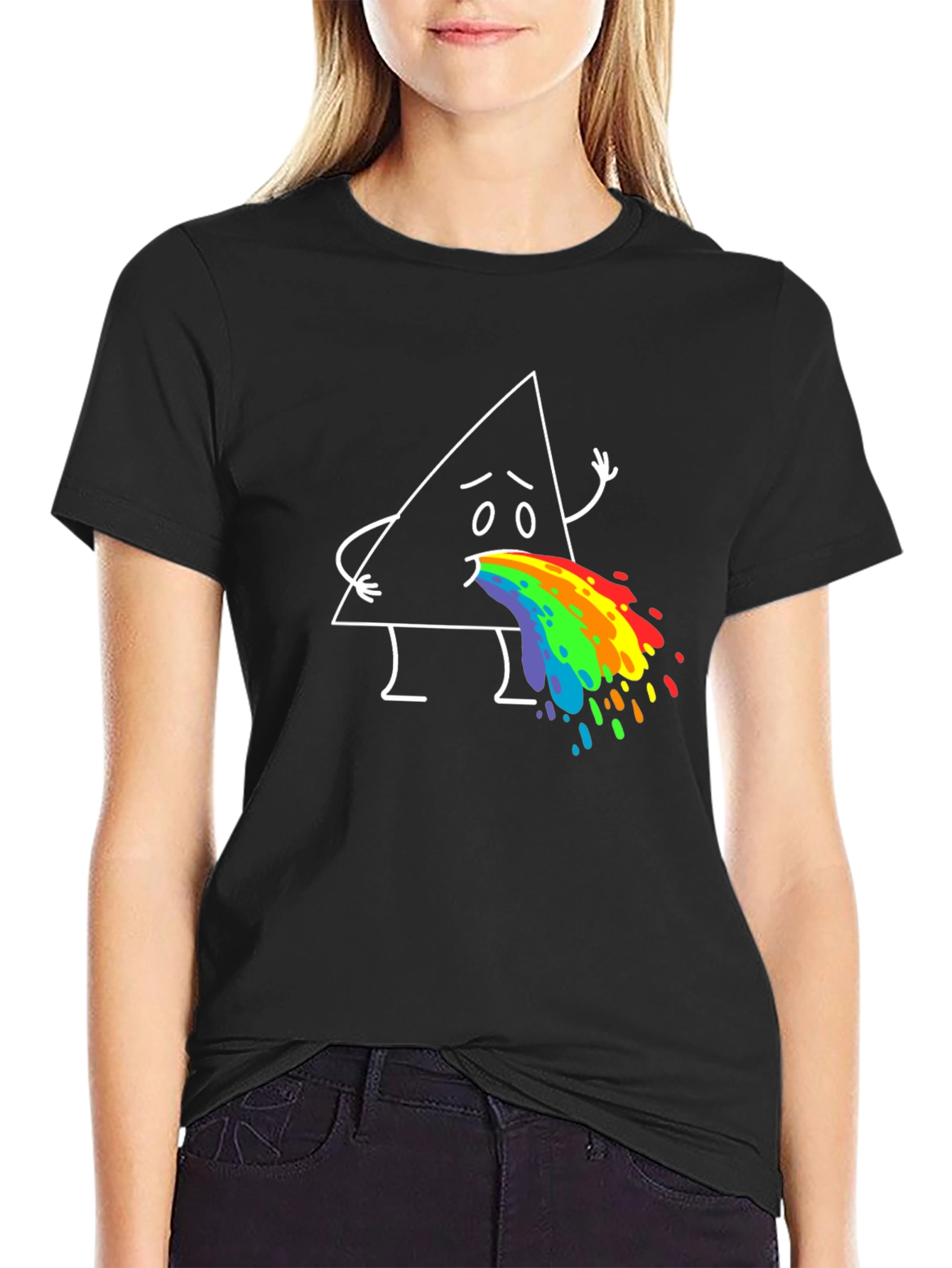 Black Funny Triangle Rainbow Puke Graphic Tee view 2