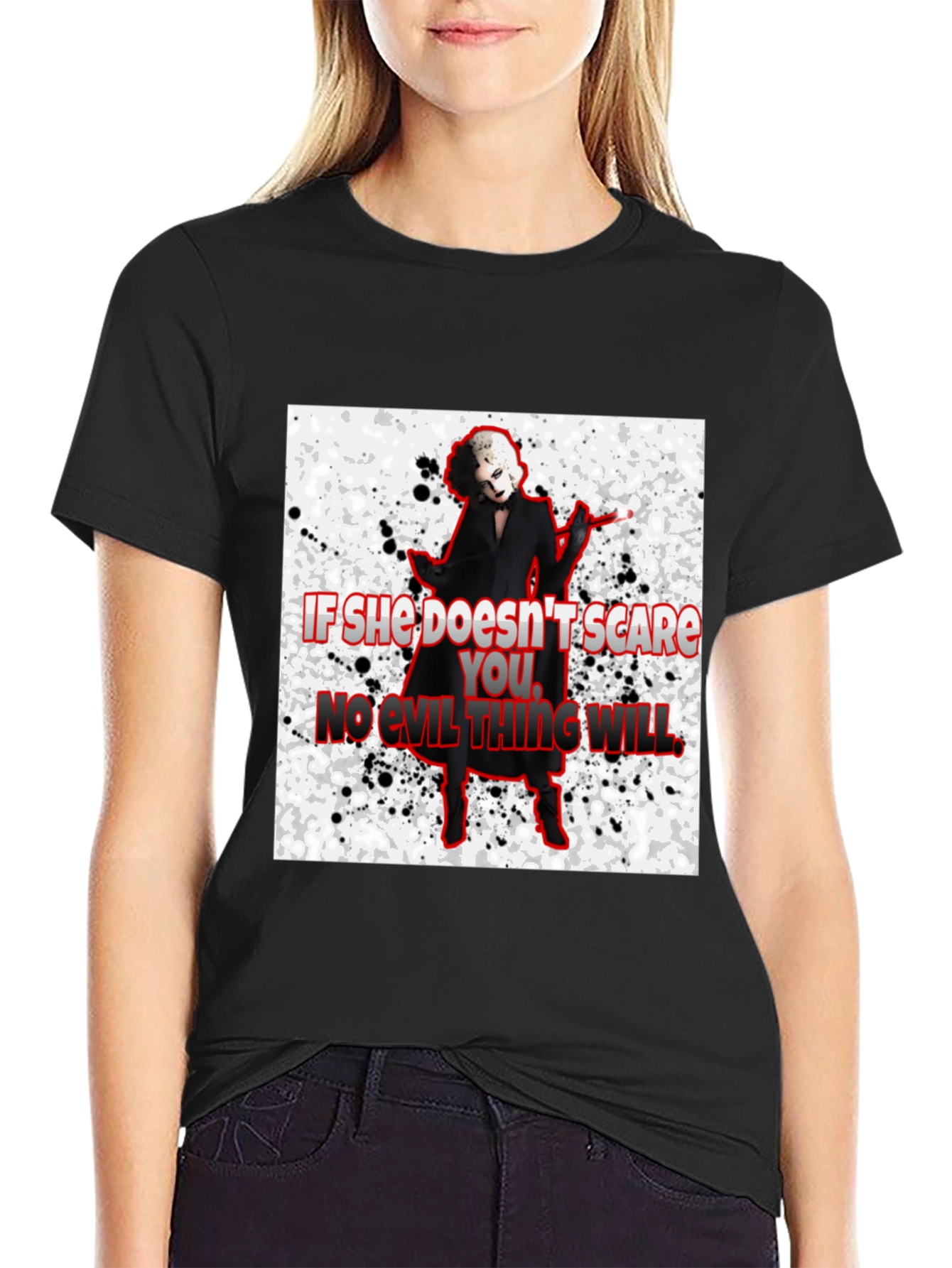 Black Horror Movie Villain T-Shirt - "If She Doesn't Scare You..." view 2