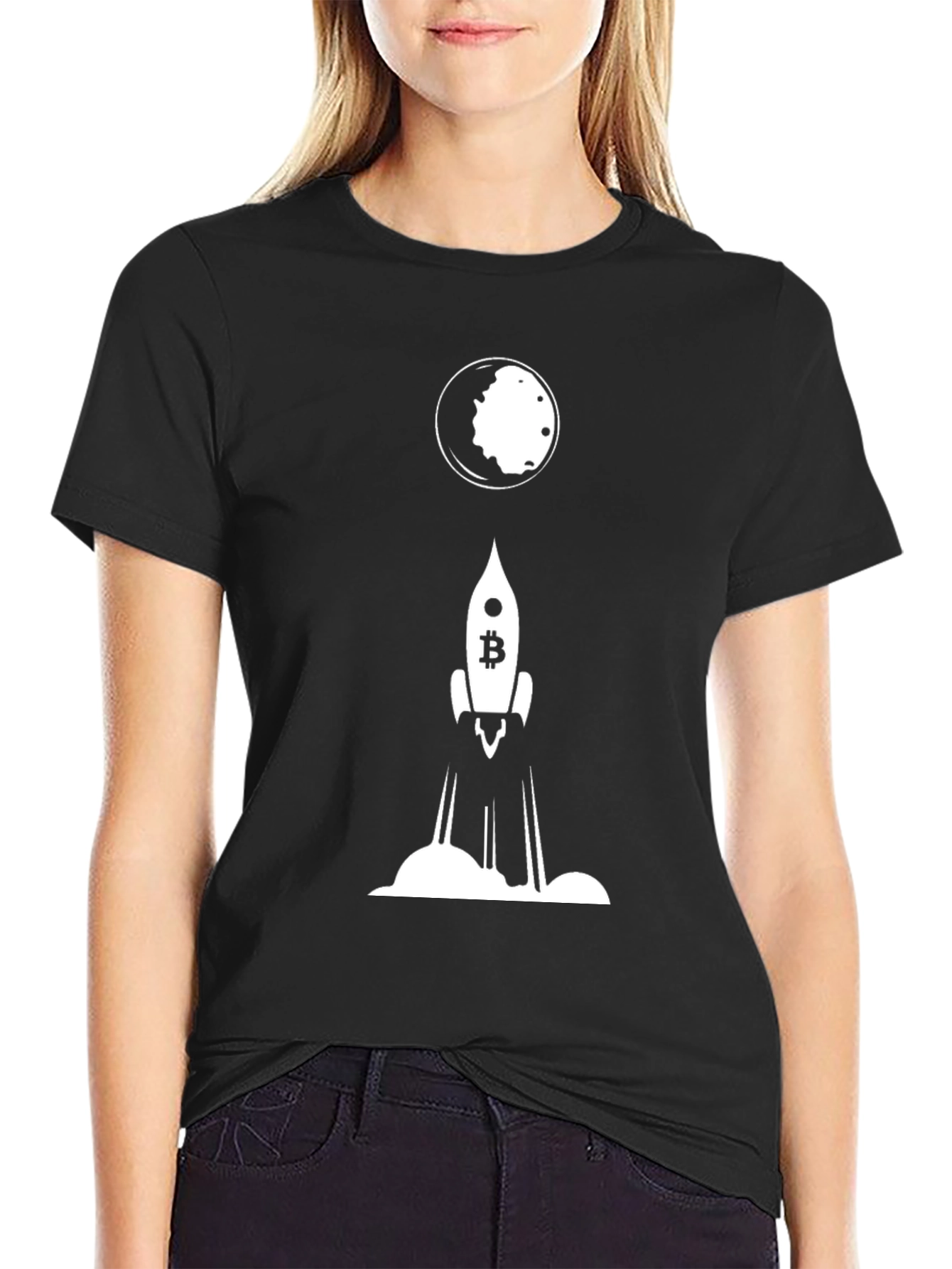Black Bitcoin Rocket to the Moon Black T-Shirt view 2