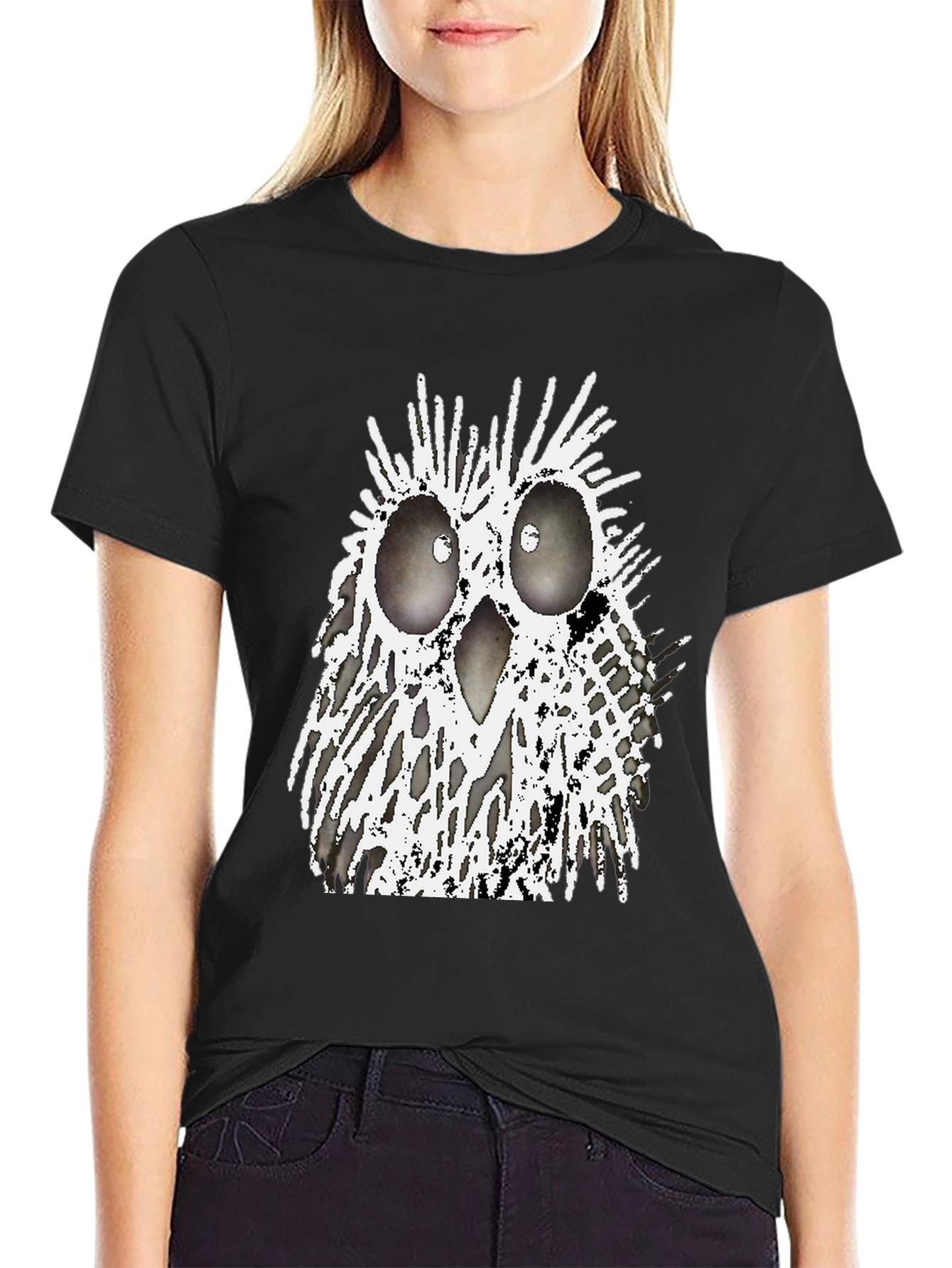 Black Abstract Owl Graphic T-Shirt - Black Crew Neck Tee view 2