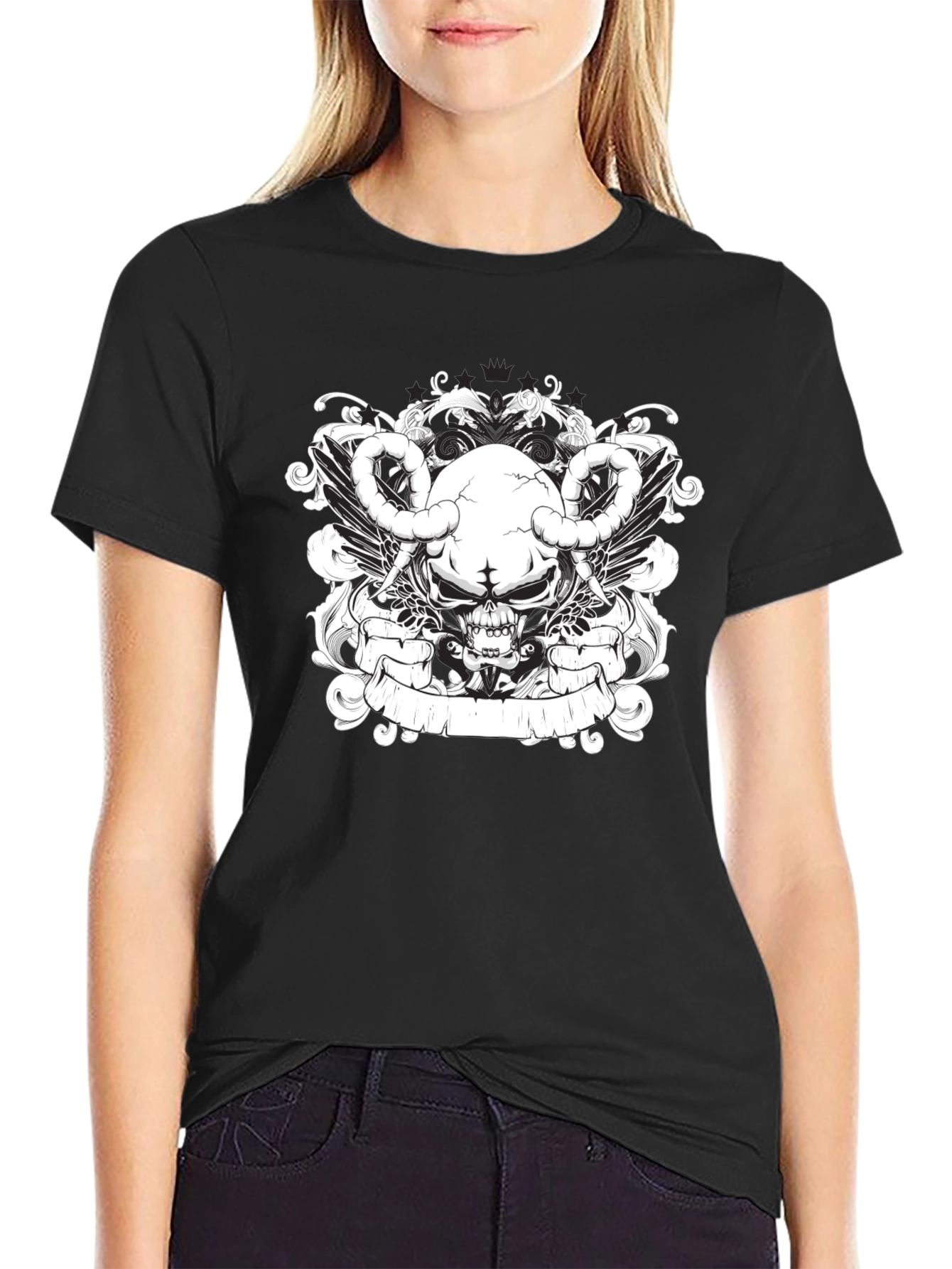 Black Skull & Wings Graphic Tee - Black Cotton T-Shirt view 2
