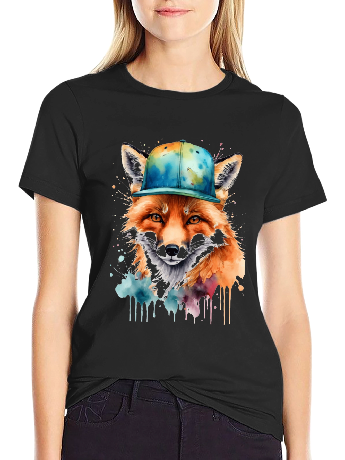 Black Fox in Cap Graphic Tee - Cool Watercolor Design view 2