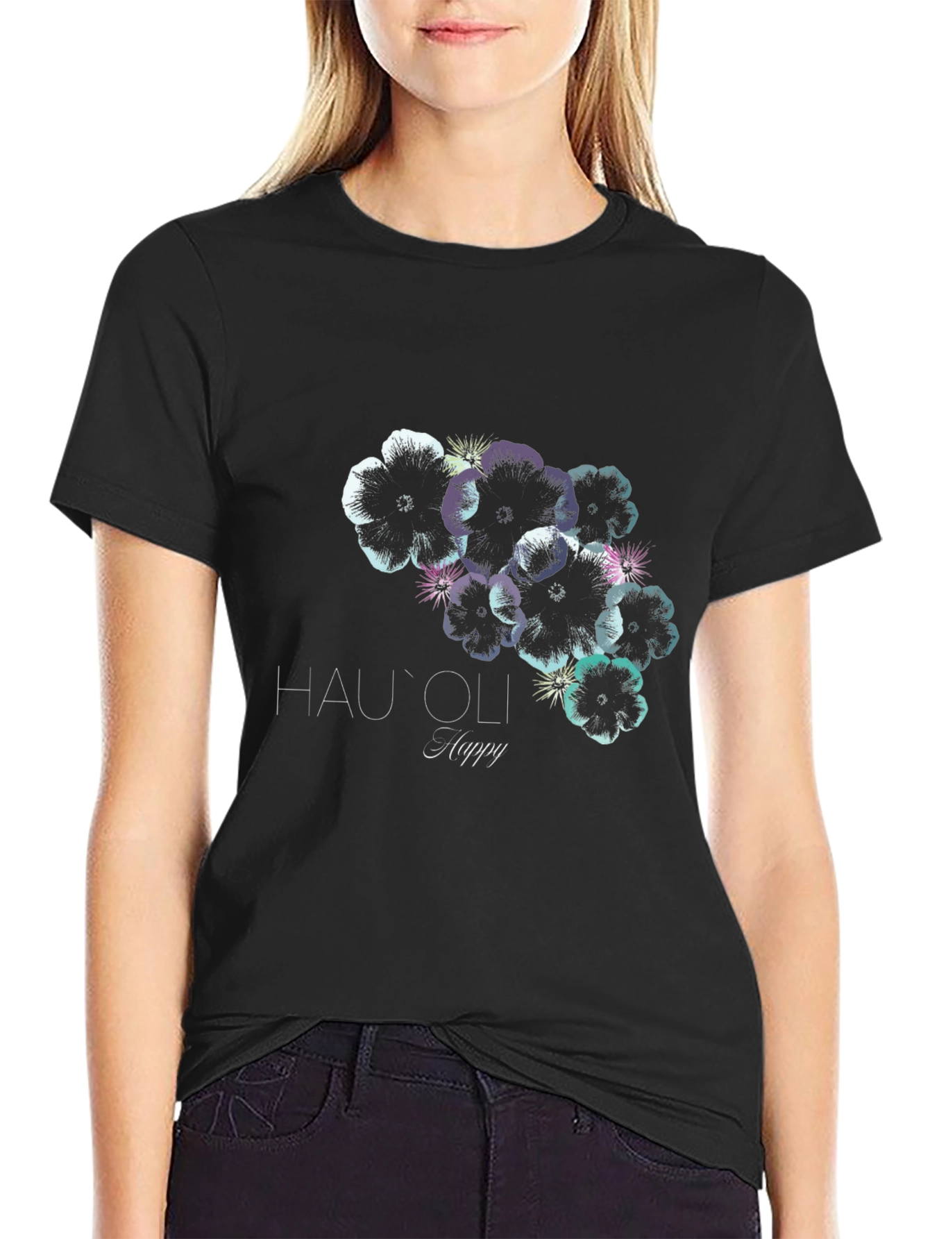 Black Hau'oli Happy Floral Print Black T-Shirt view 2