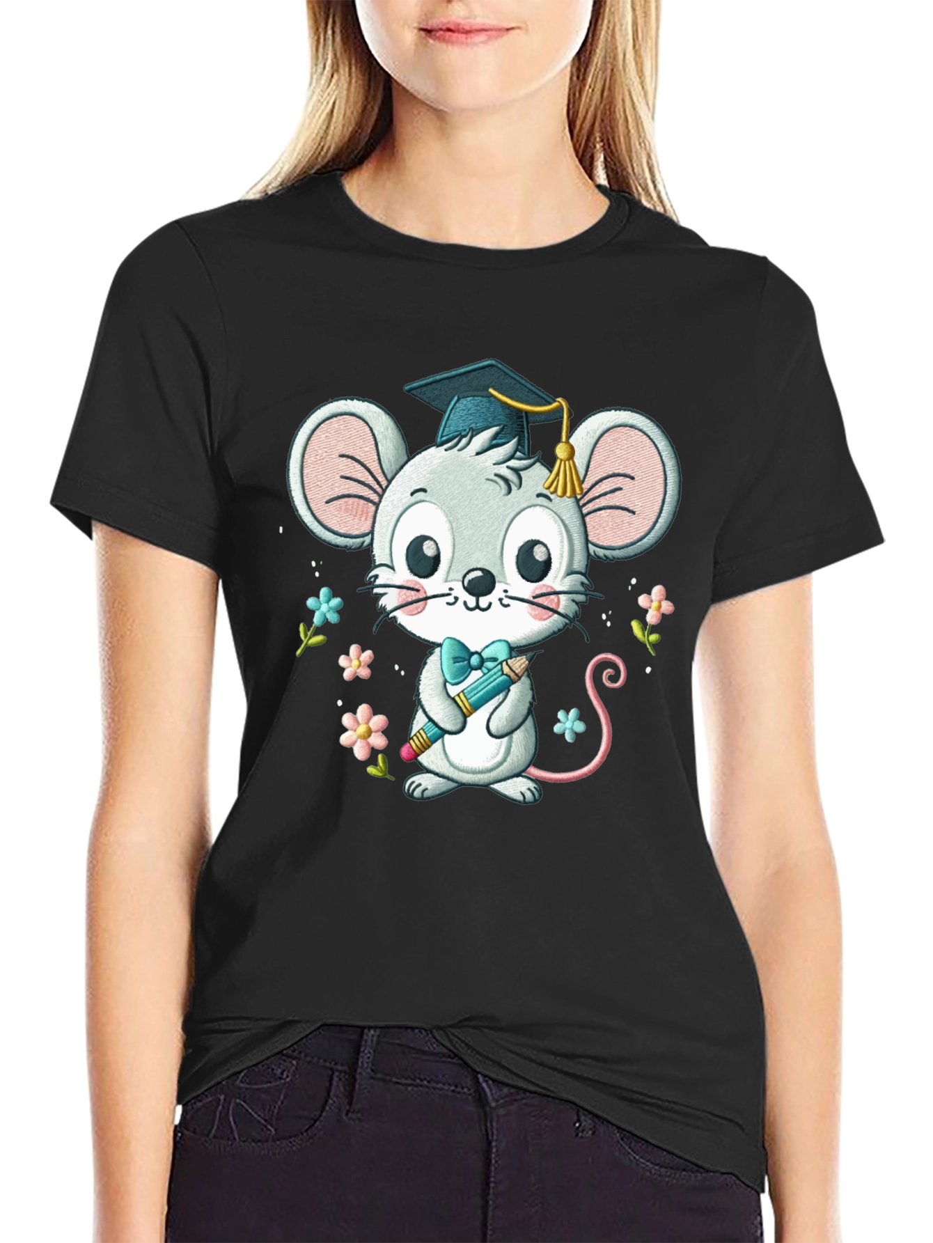 Black Graduation Mouse T-Shirt Cute Cartoon Animal Tee view 2