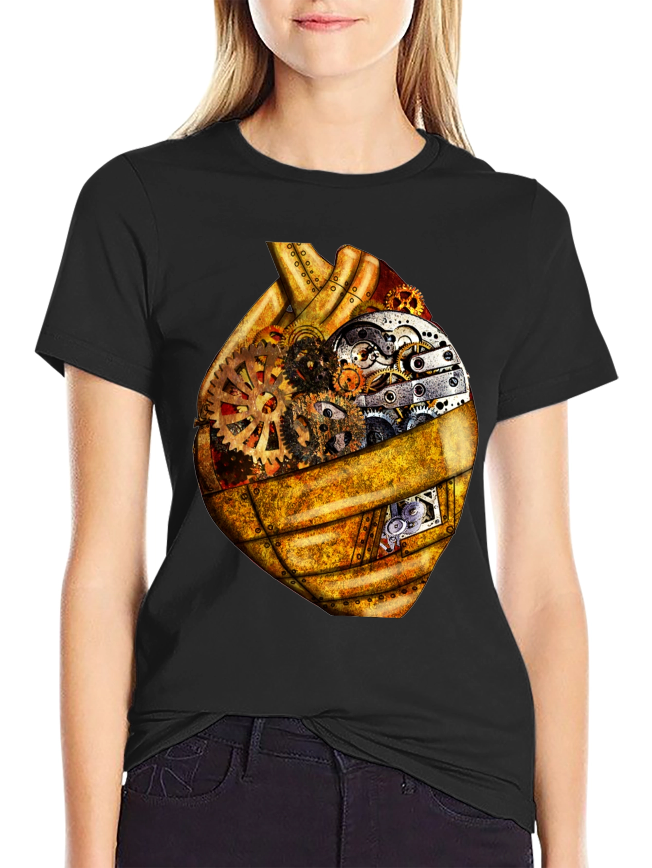 Black Steampunk Heart Gears Graphic Tee view 2