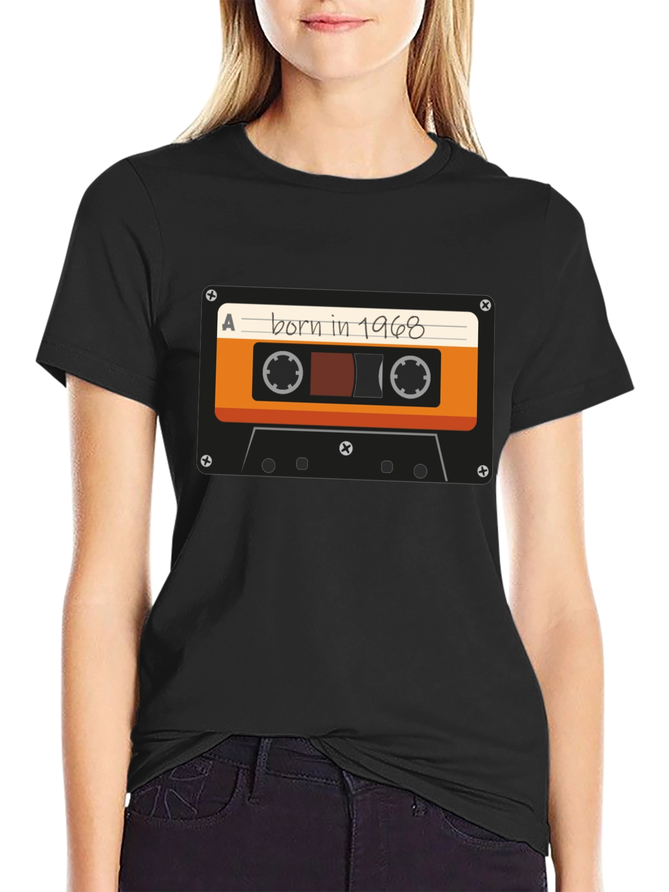 Black Born in 1968 Cassette Tape T-Shirt - Retro Birthday Tee view 2