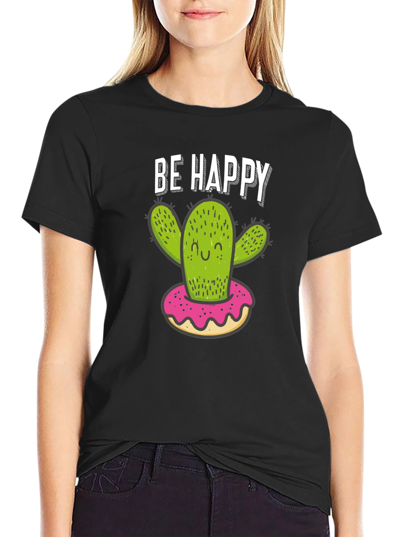 Black Be Happy Cactus Donut Graphic T-Shirt view 2