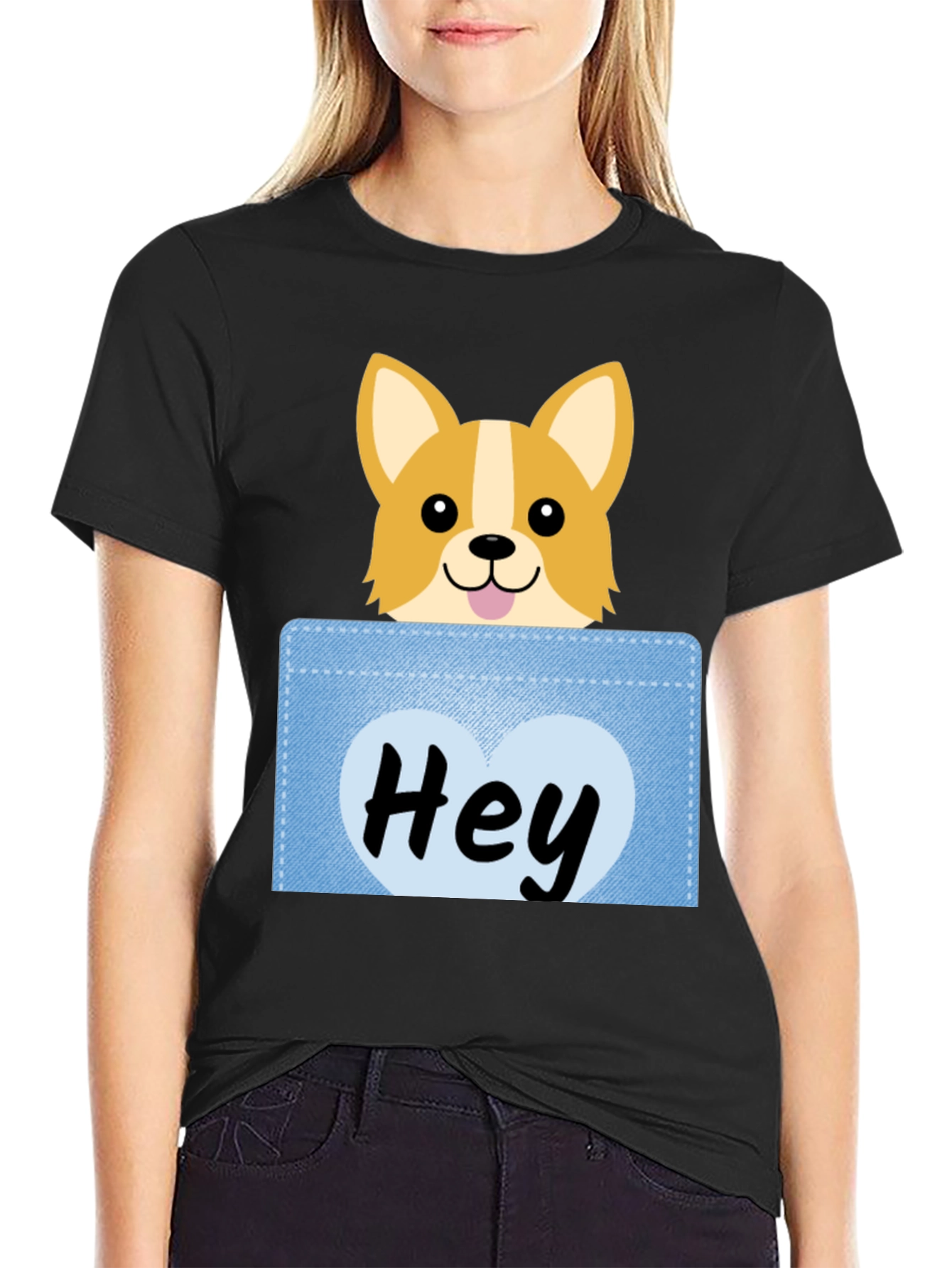 Black Cute Corgi Peek-a-Boo Pocket T-Shirt view 2