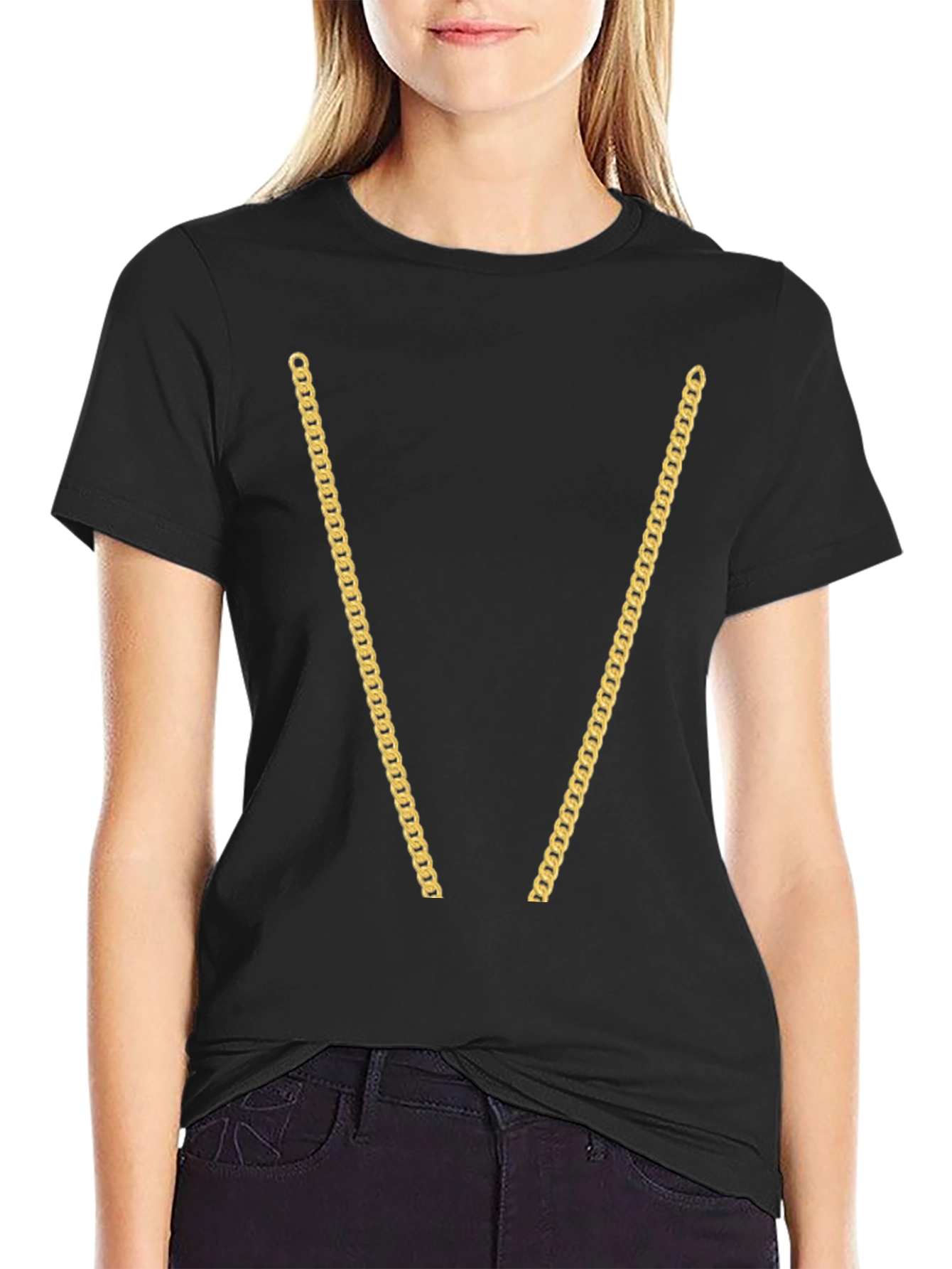 Black Gold Chain Print Black T-Shirt view 2