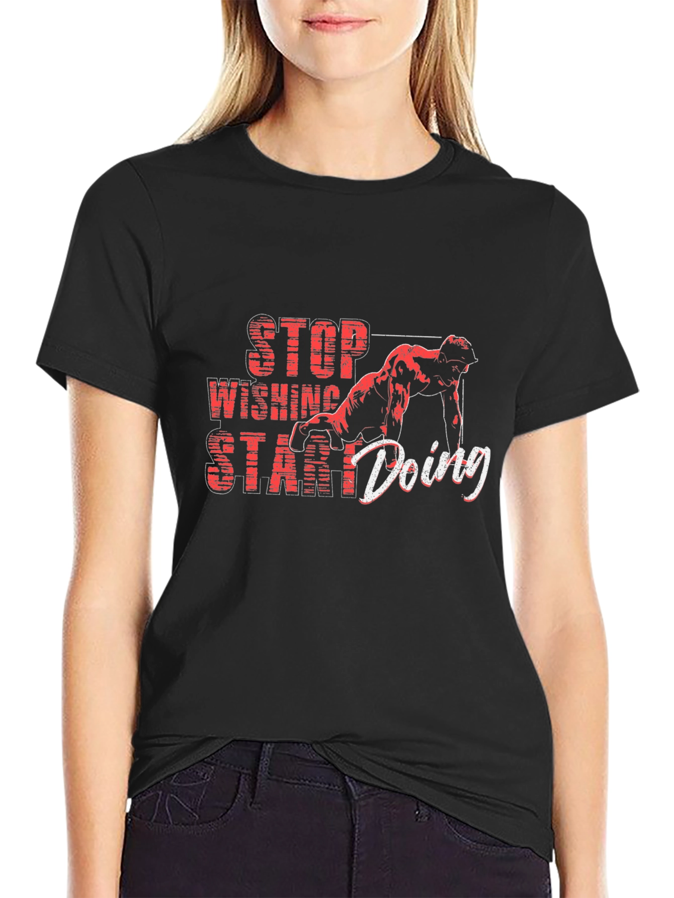 Black Motivational Black T-Shirt - Stop Wishing Start Doing view 2