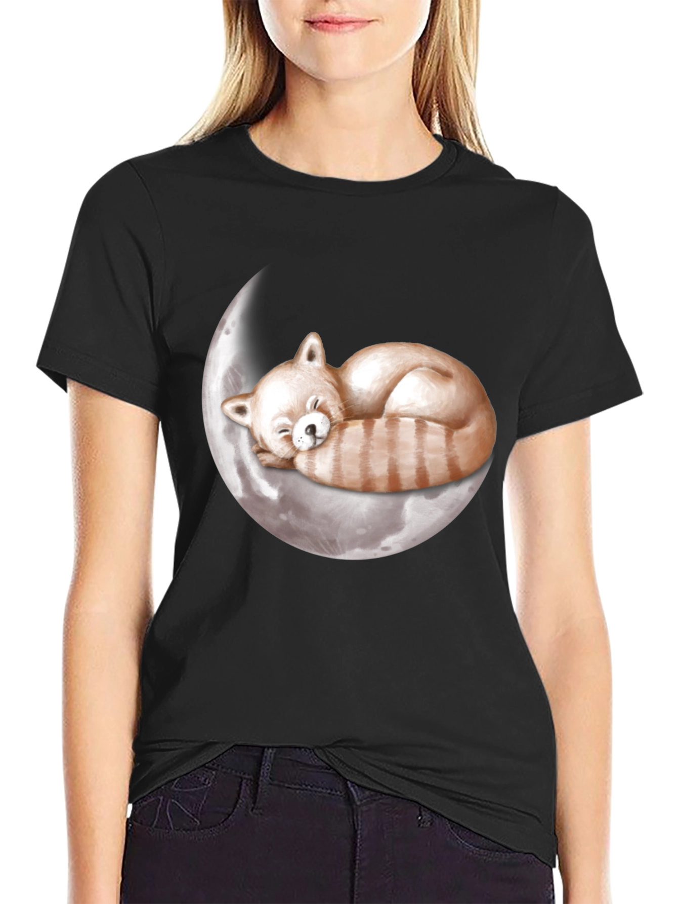 Black Red Panda Moon Sleep T-Shirt view 2