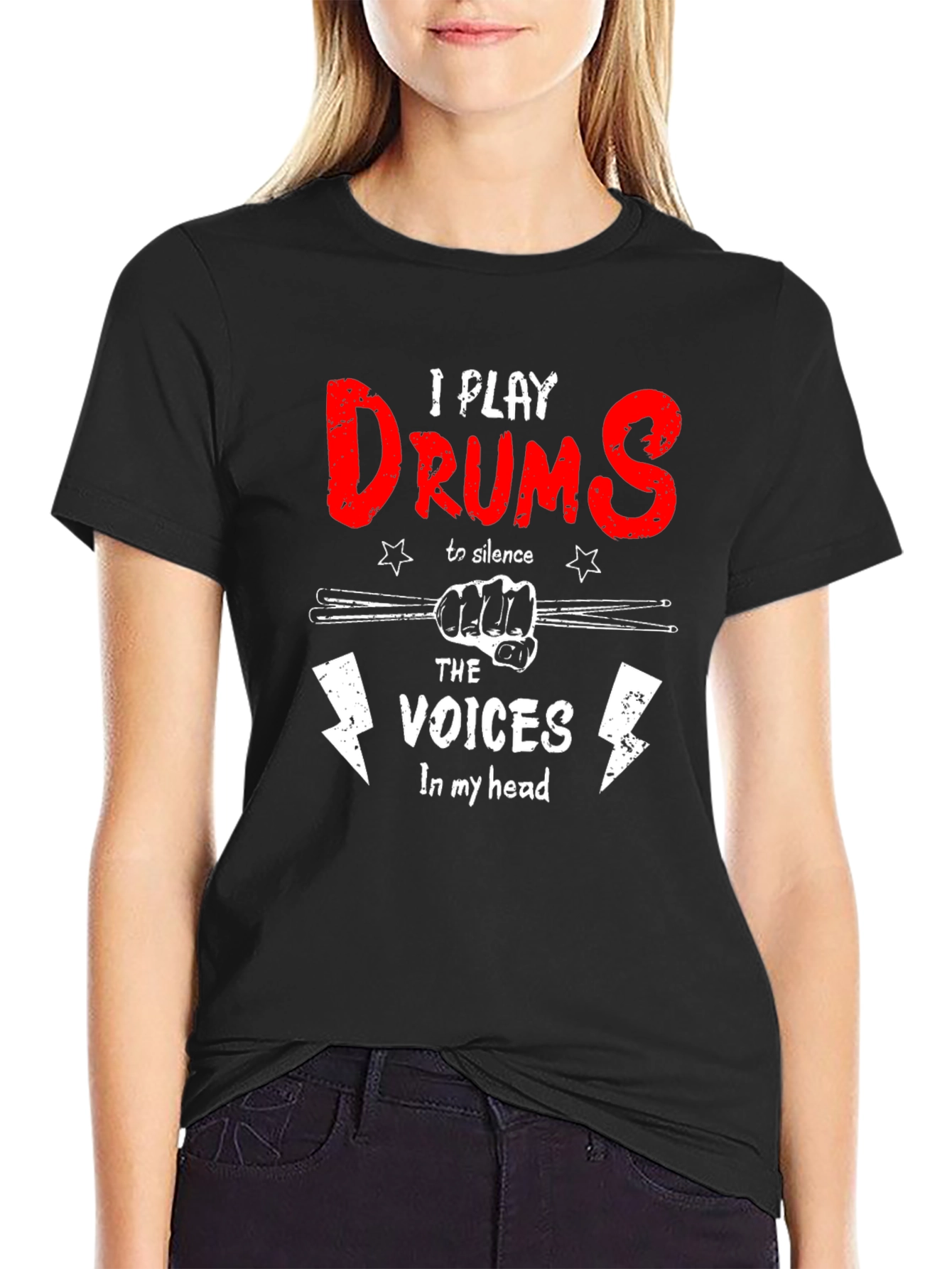 Black Drummer Humor T-Shirt - I Play Drums to Silence Voices view 2