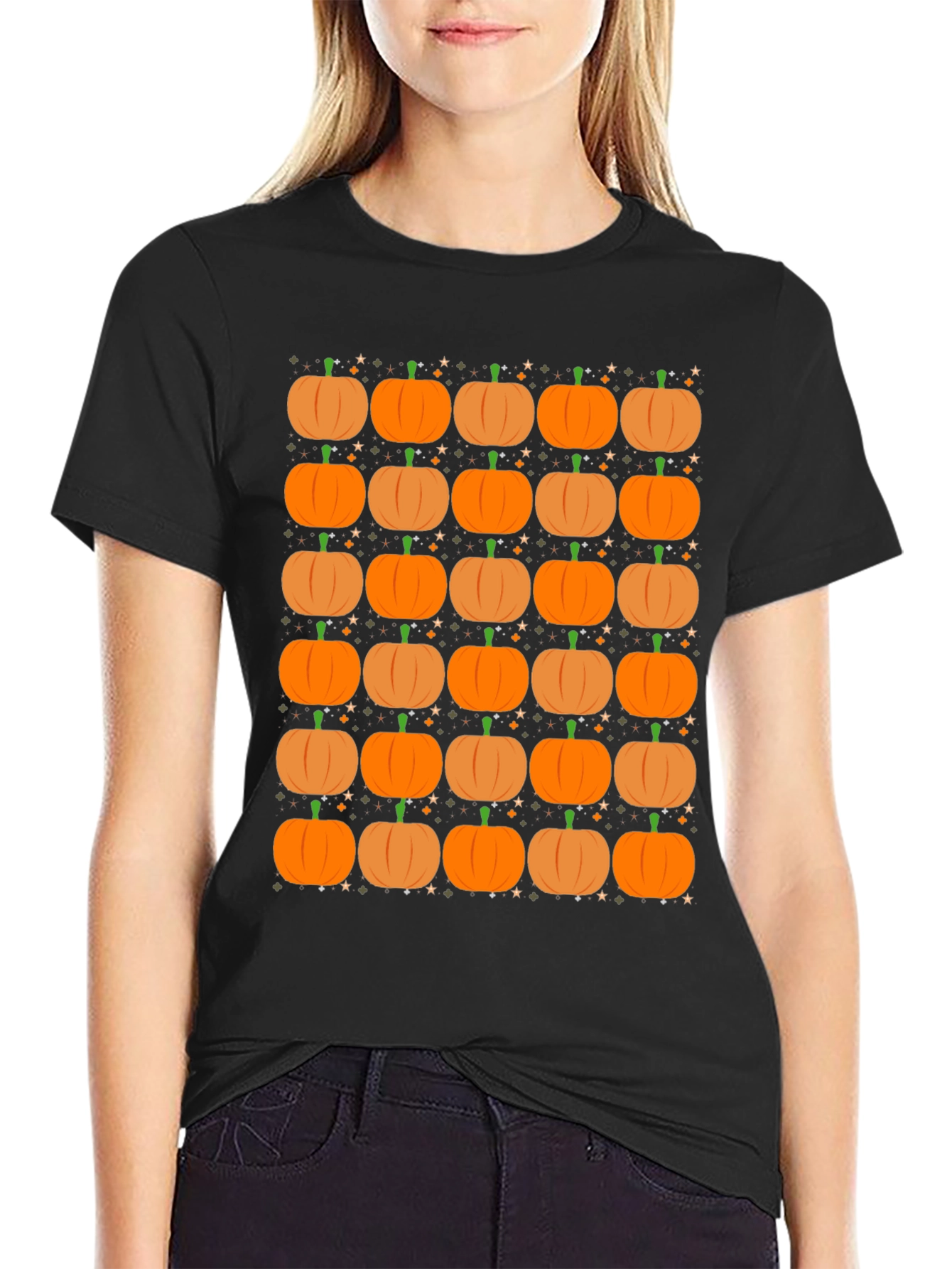 Black Pumpkin Pattern Black T-Shirt - Fall Festival Ready view 2