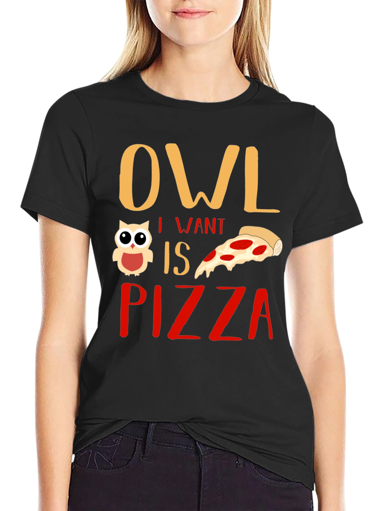 Black Owl I Want is Pizza Graphic T-Shirt view 2