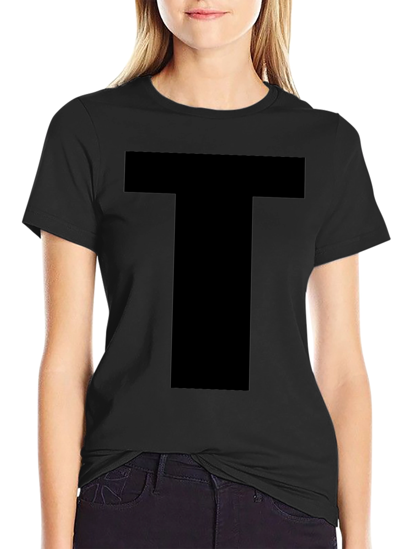 Black Men's Basic Black T-Shirt with Bold "T" Design view 2