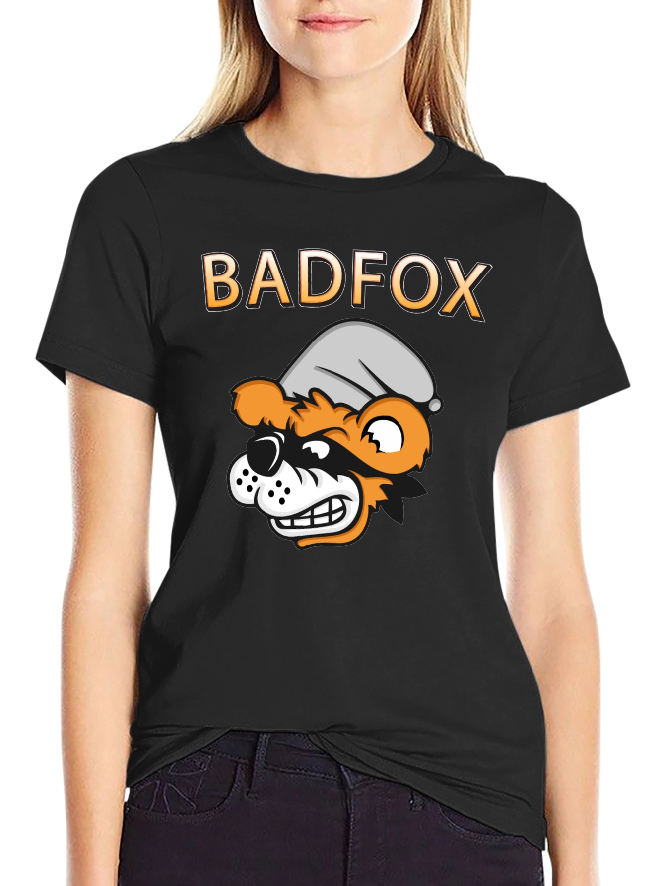 Black Bad Fox Cartoon Graphic Print T-Shirt view 2