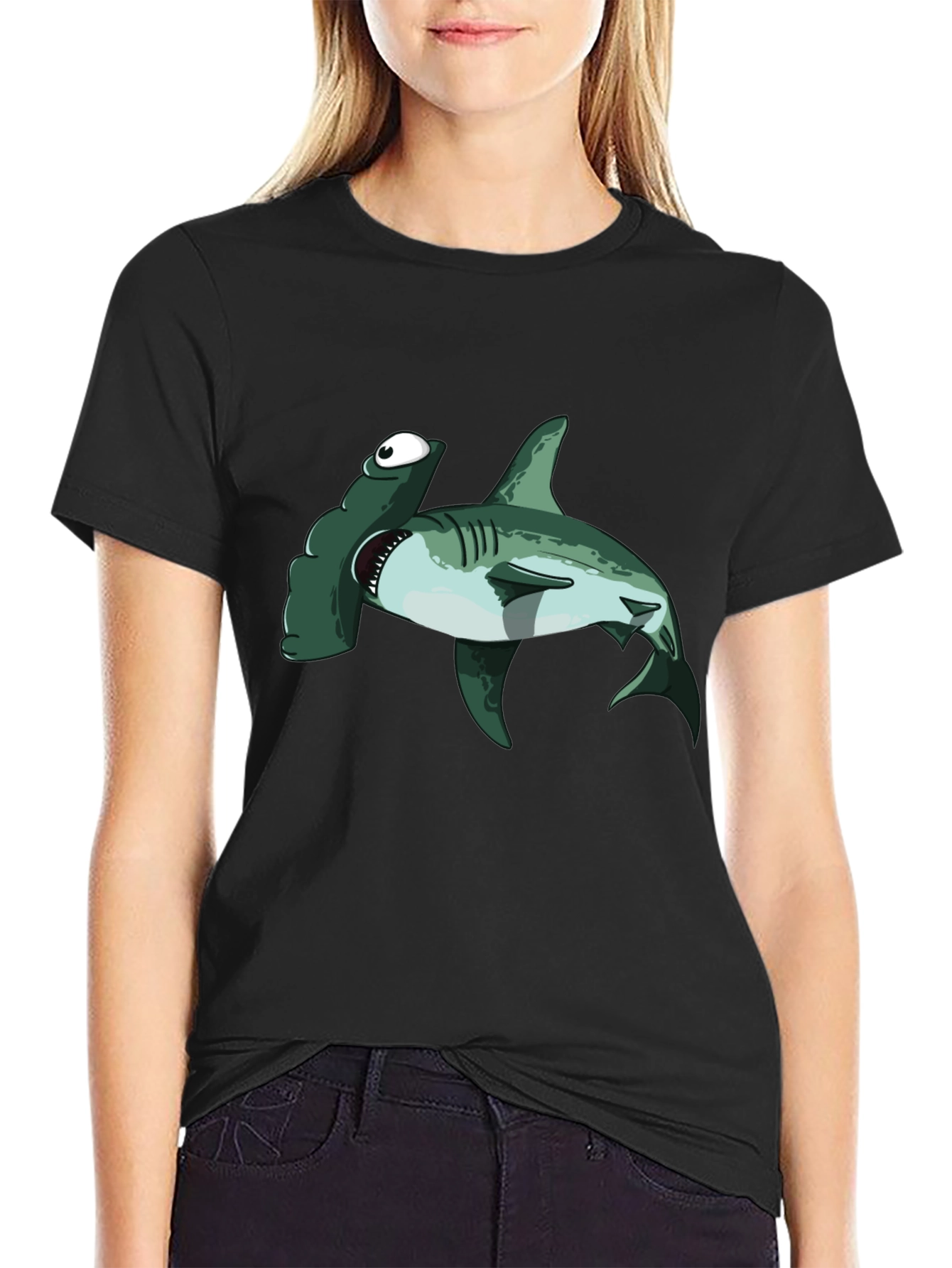 Black Hammerhead Shark T-Shirt - Cartoon Design view 2