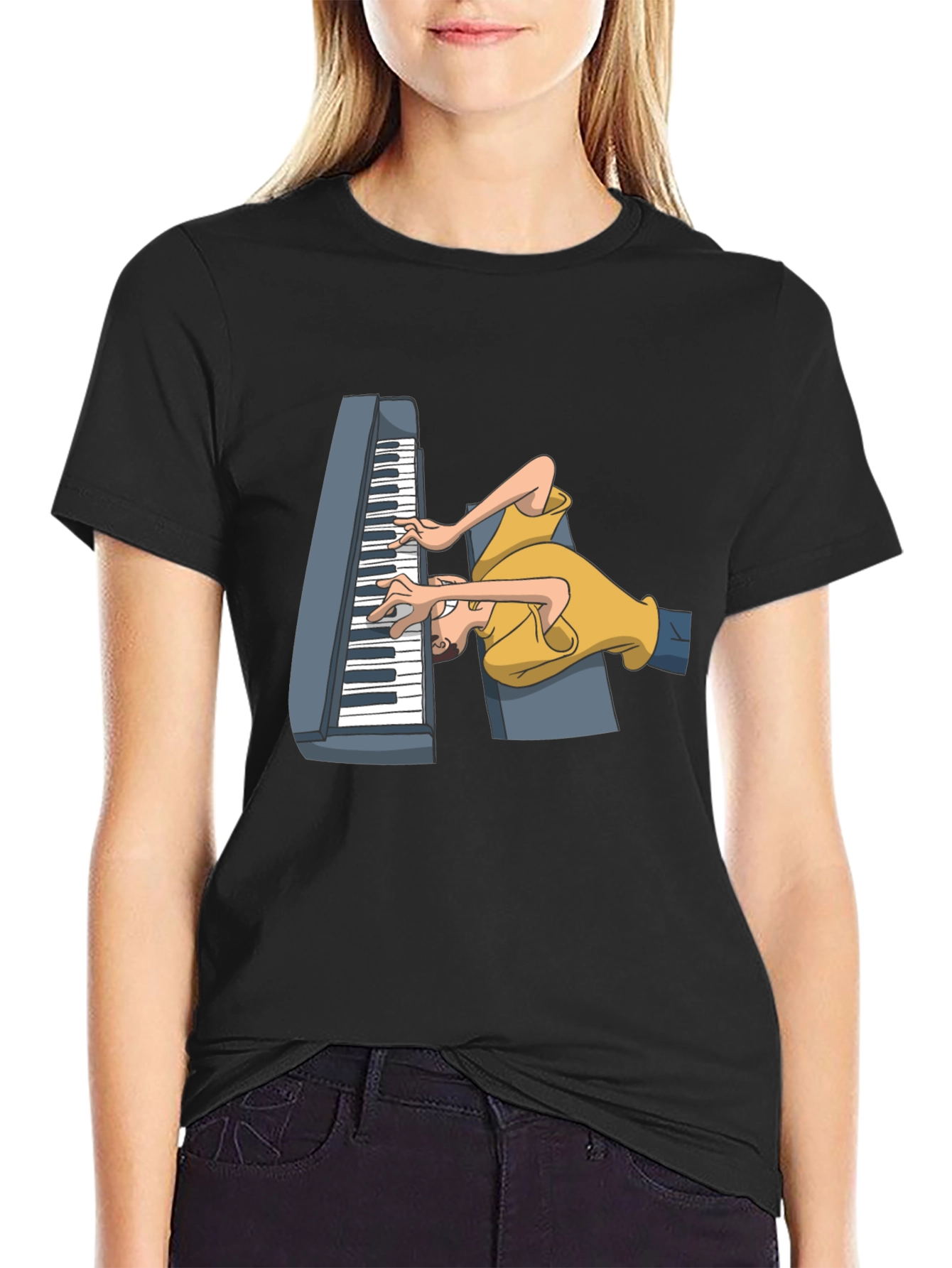 Black Funny Cartoon Piano Player Black T-Shirt view 2