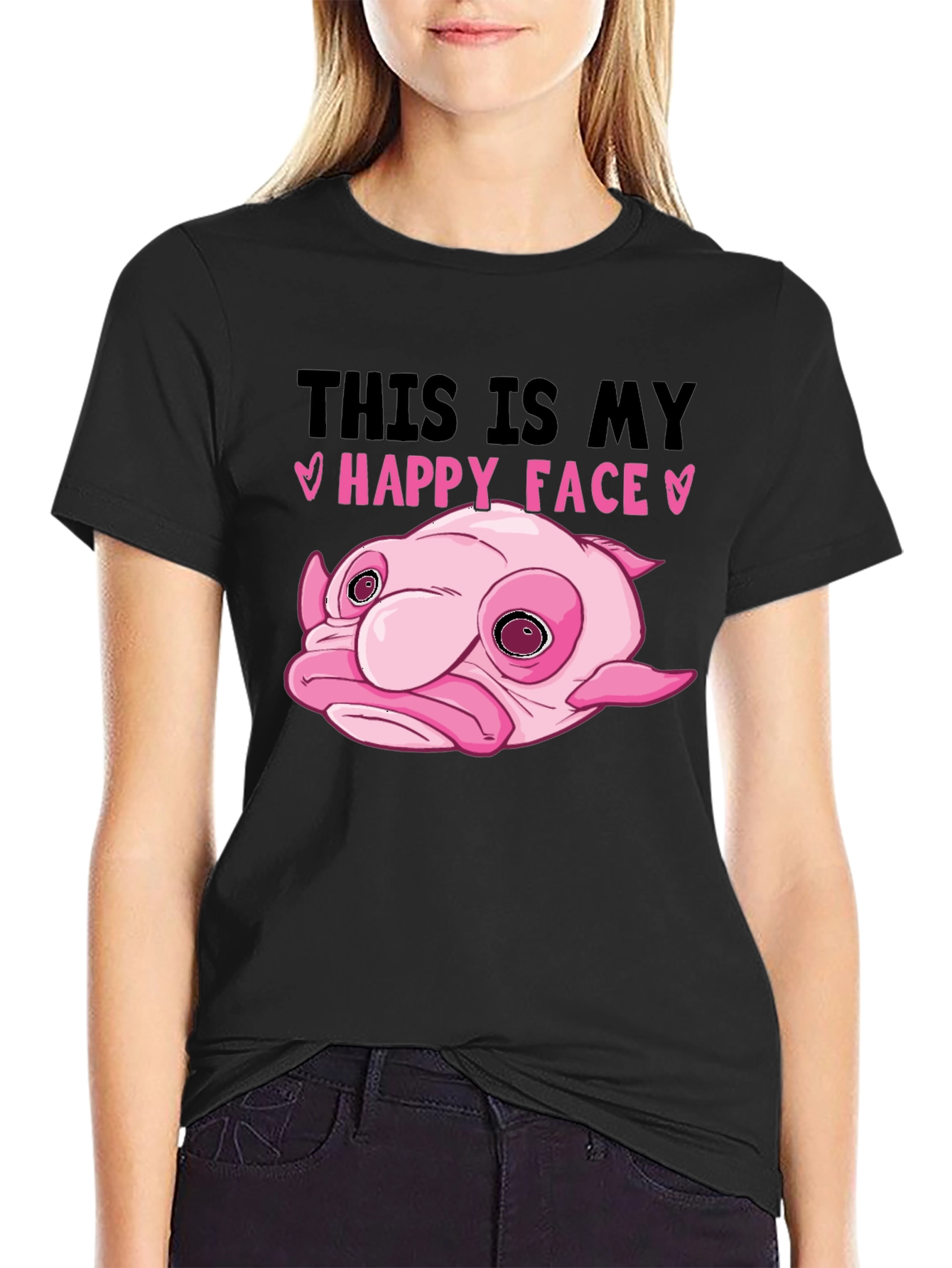 Black Blobfish Happy Face Black T-Shirt view 2