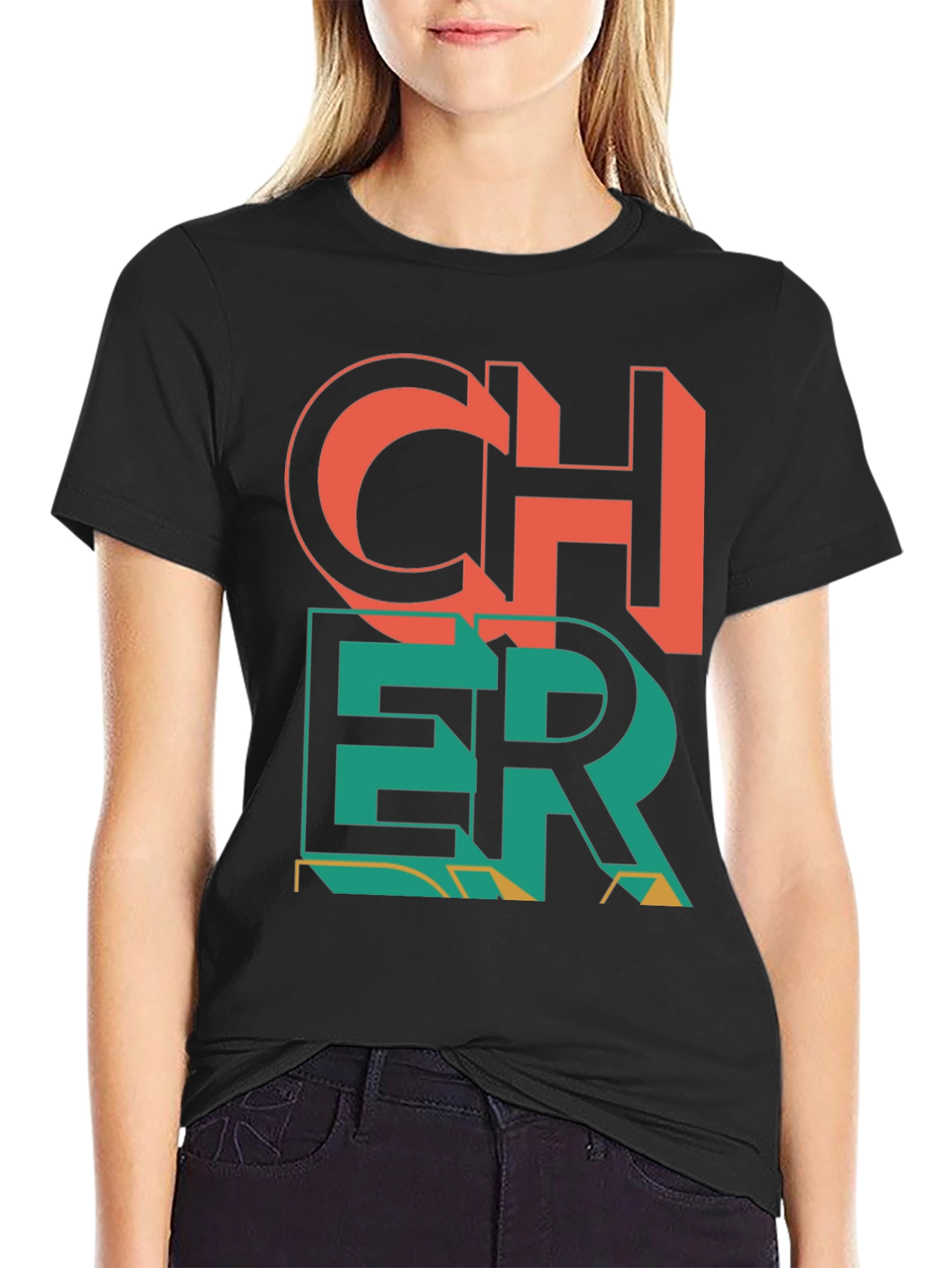 Black Cheer Graphic Print Crew Neck T-Shirt view 2