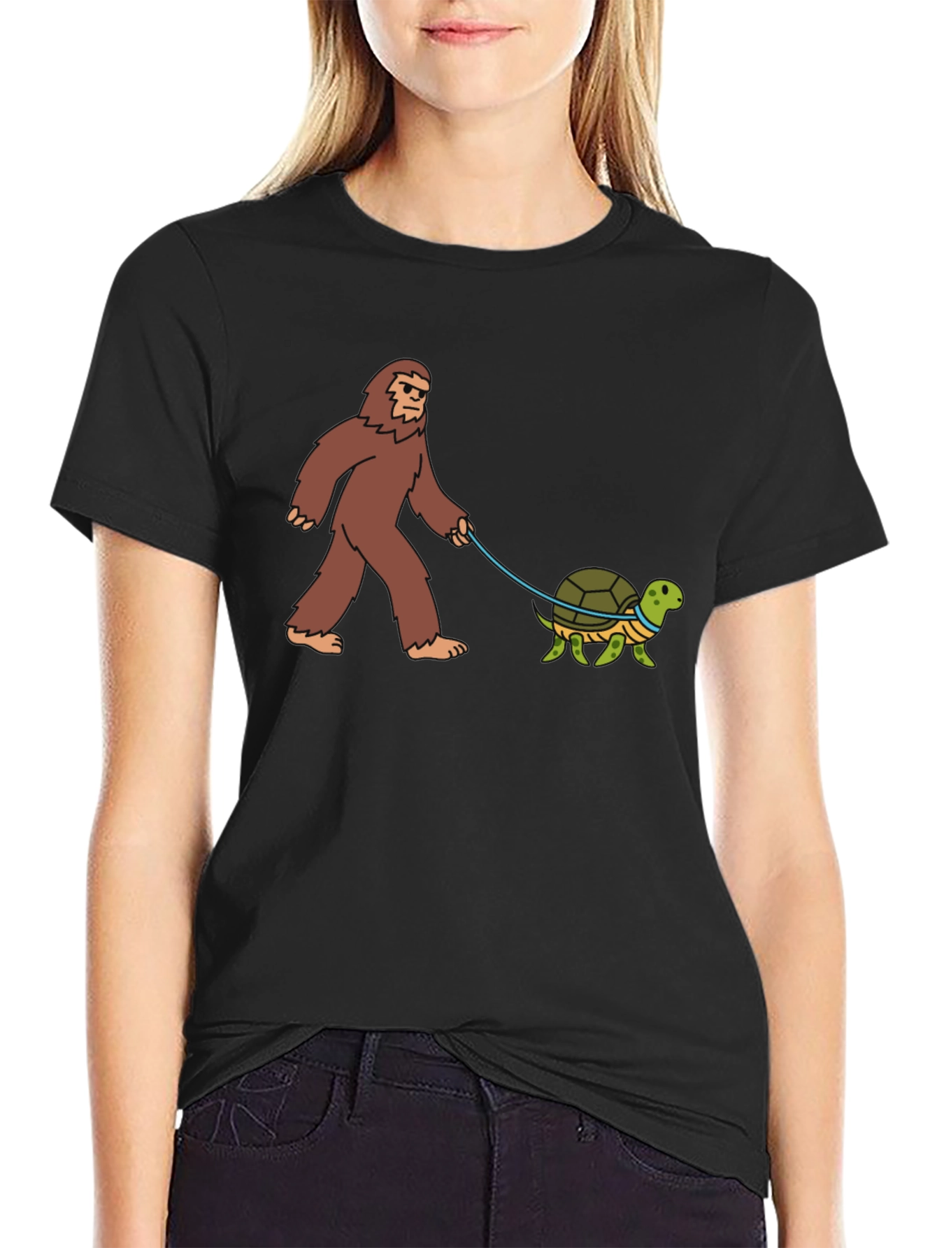 Black Bigfoot Walking Turtle Funny Graphic Tee view 2