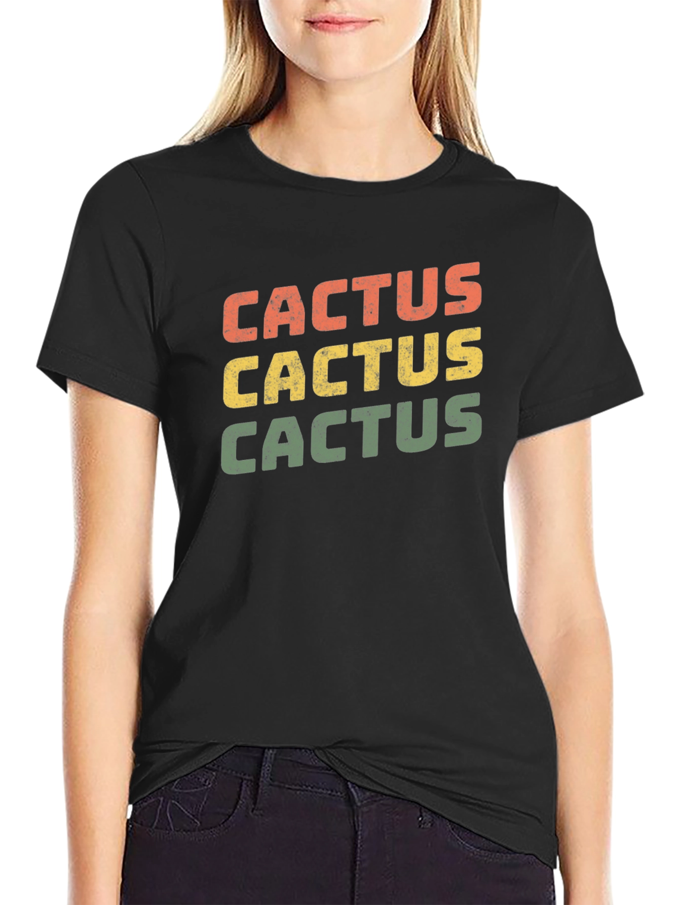 Black Retro Cactus T-Shirt - Black Cotton Tee view 2