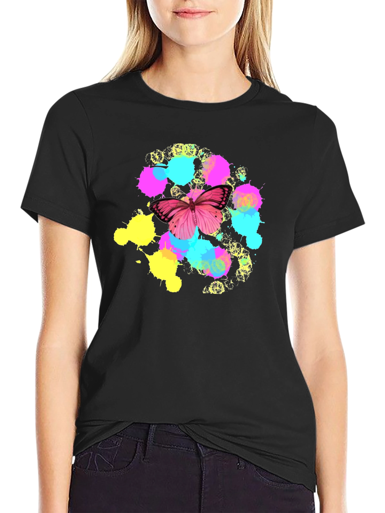 Black Butterfly Splatter T-Shirt - Vibrant Graphic Tee view 2